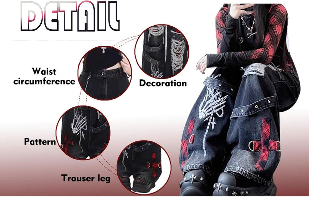 Y2K Ripped Grunge Baggy Jeans Byxor Emo Dam Goth Raka Ben Byxor Hög Midja Alt Y2K Kläder