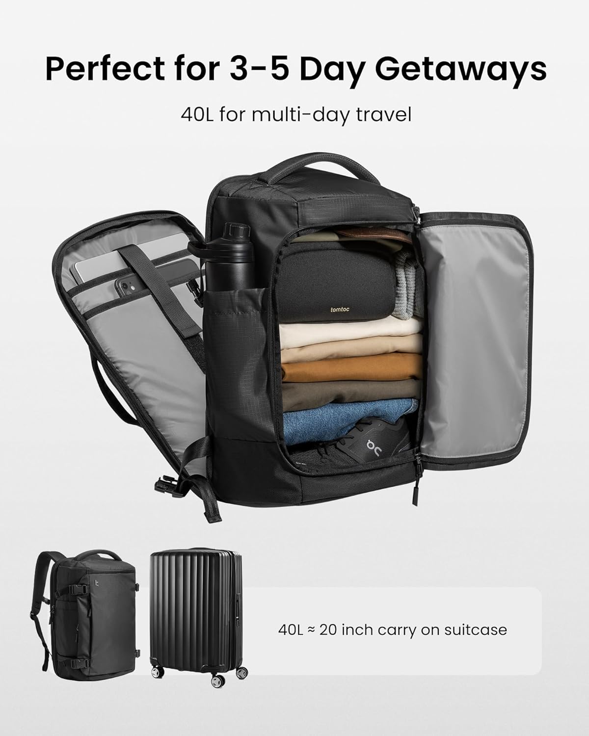 tomtoc 40L Reseryggsäck, TSA-vänlig handbagage-ryggsäck Reseryggsäck för 15,6-17 tums bärbar dator, flyggodkänd ombordstigning Vattenavvisande kabinryggsäck för resor Weekender Trip