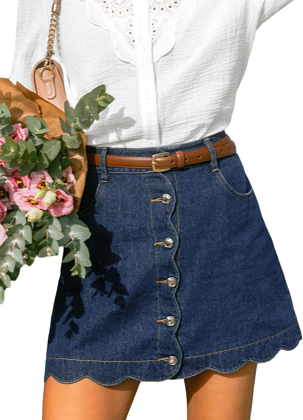 CUPSHE kvinnor denim kjol vardaglig hög midja A-linje skulpterad fåll mini jeanskjol med fickor