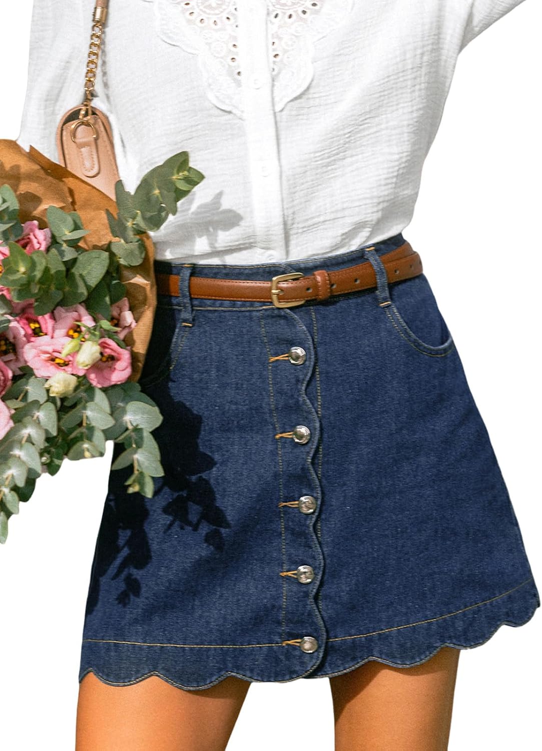 CUPSHE kvinnor denim kjol vardaglig hög midja A-linje skulpterad fåll mini jeanskjol med fickor
