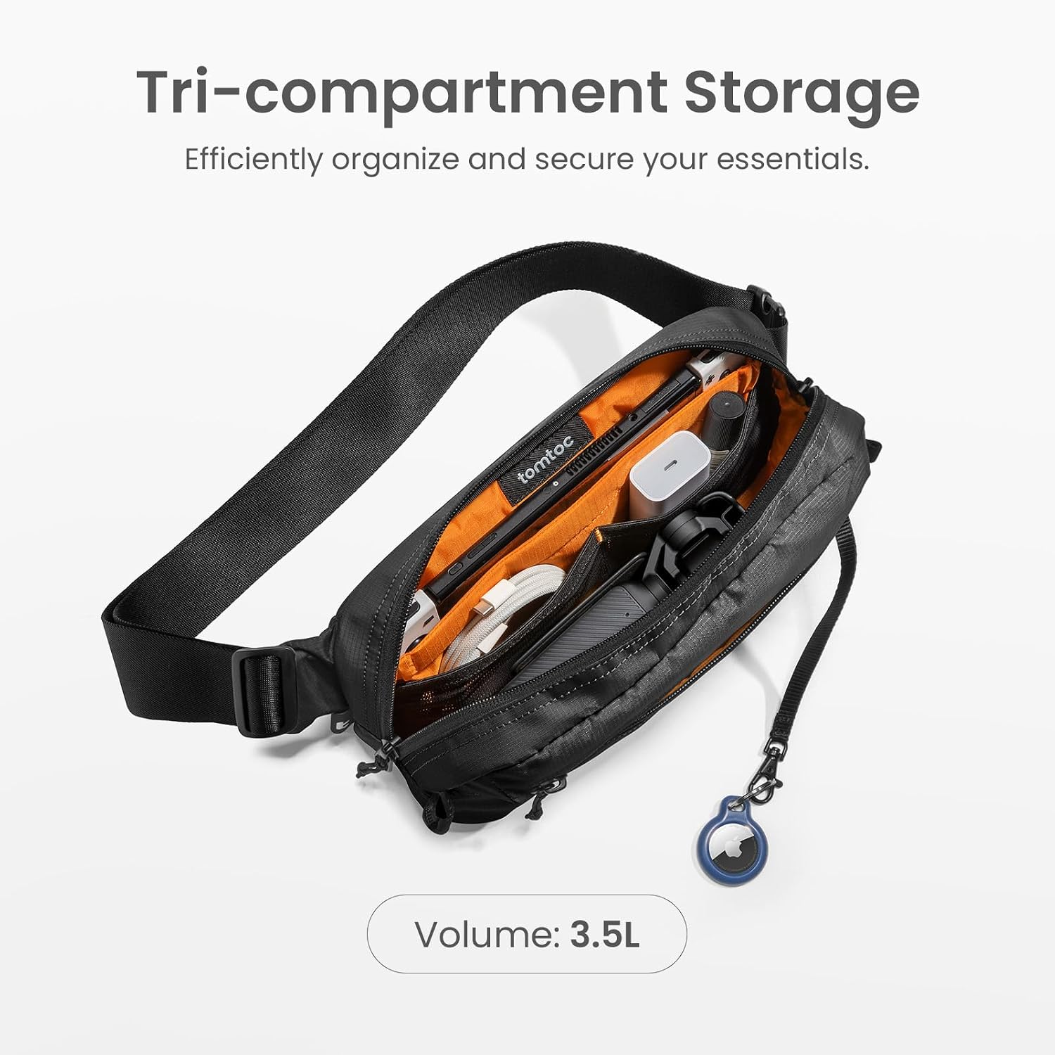 tomtoc 1,5 l crossbody väska med RFID-skydd, liten unisex axelremsväska, sling bag, lätt, vattentät sling bag, för utomhusresor, svart