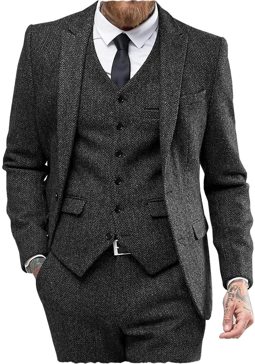 Klassiska herrkostymer normal passform 3 delar ull tweed fiskben by smoking bröllop brudgum blazer + väst + byxor