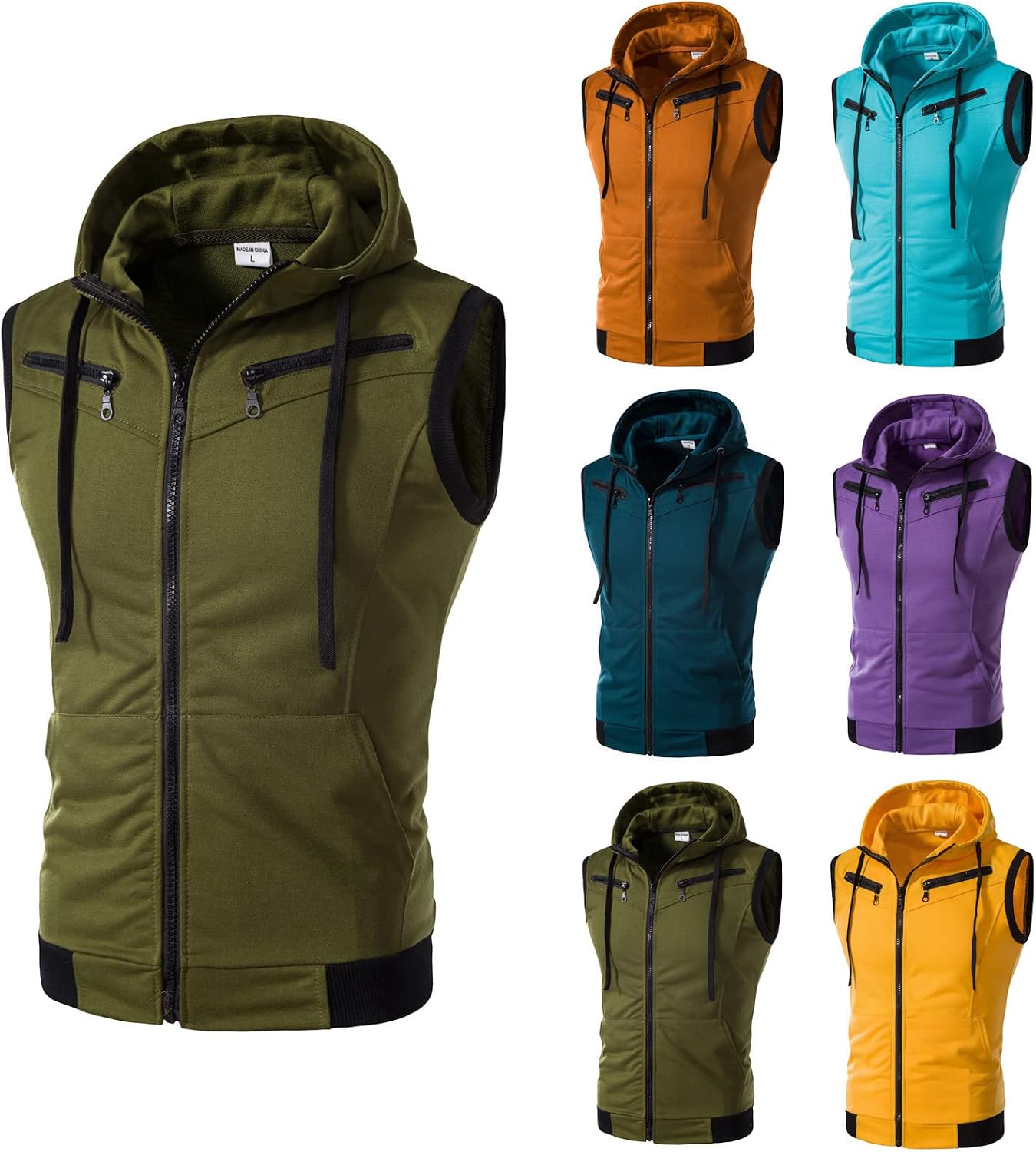 Herr muskelpassform väst herr ärmlös huvtröja väst höst utomhus västar smal passform löpning väst gym linne ärmlös fitness huvtröjor hiphop huvtröjor tröjor med dragkedja fickor sport t-shirt