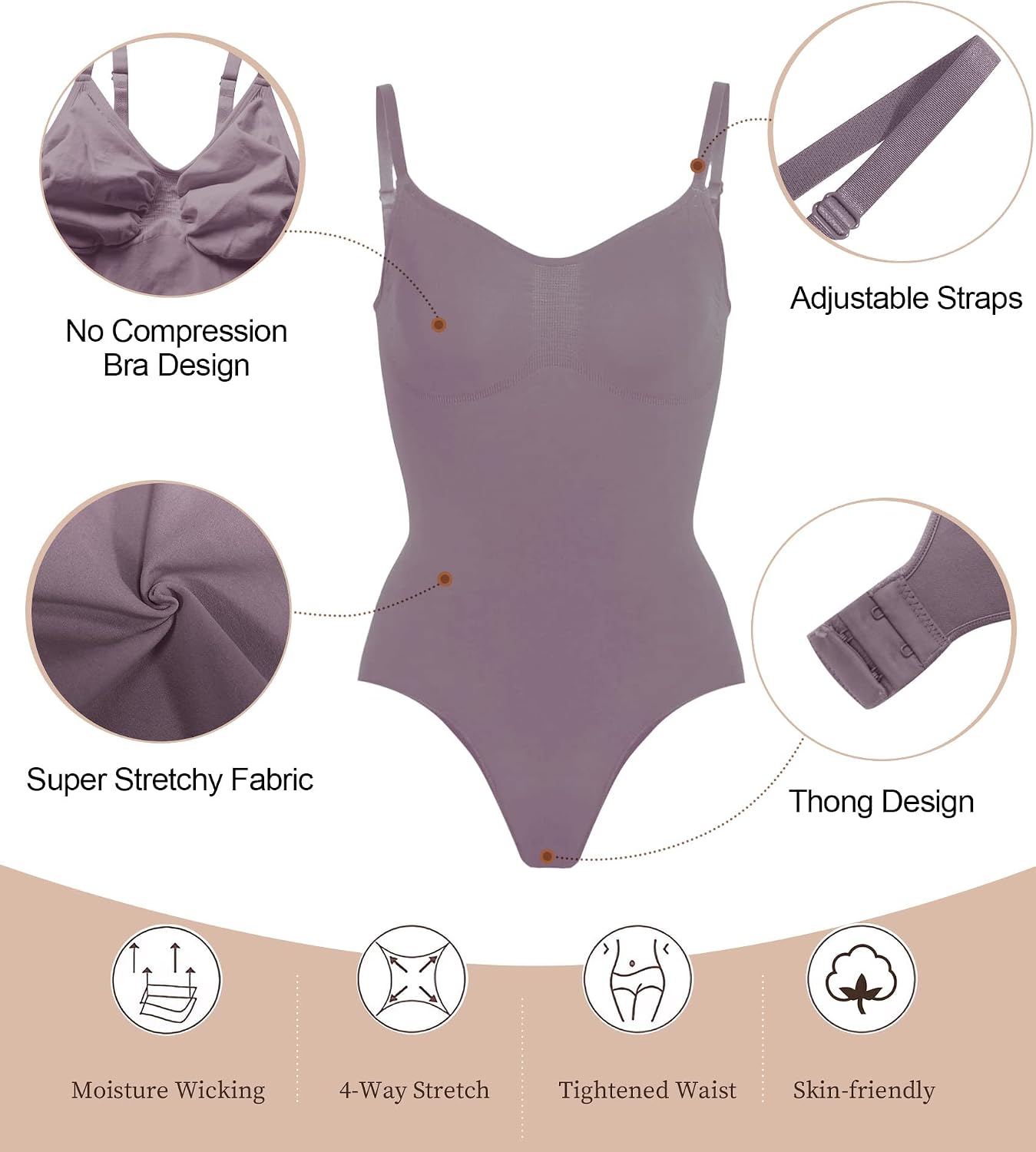 SHAPERX Women Sculpting Bodysuit Tummy Control Shapewear Seamless Body Shaper Thong Adjustable Straps