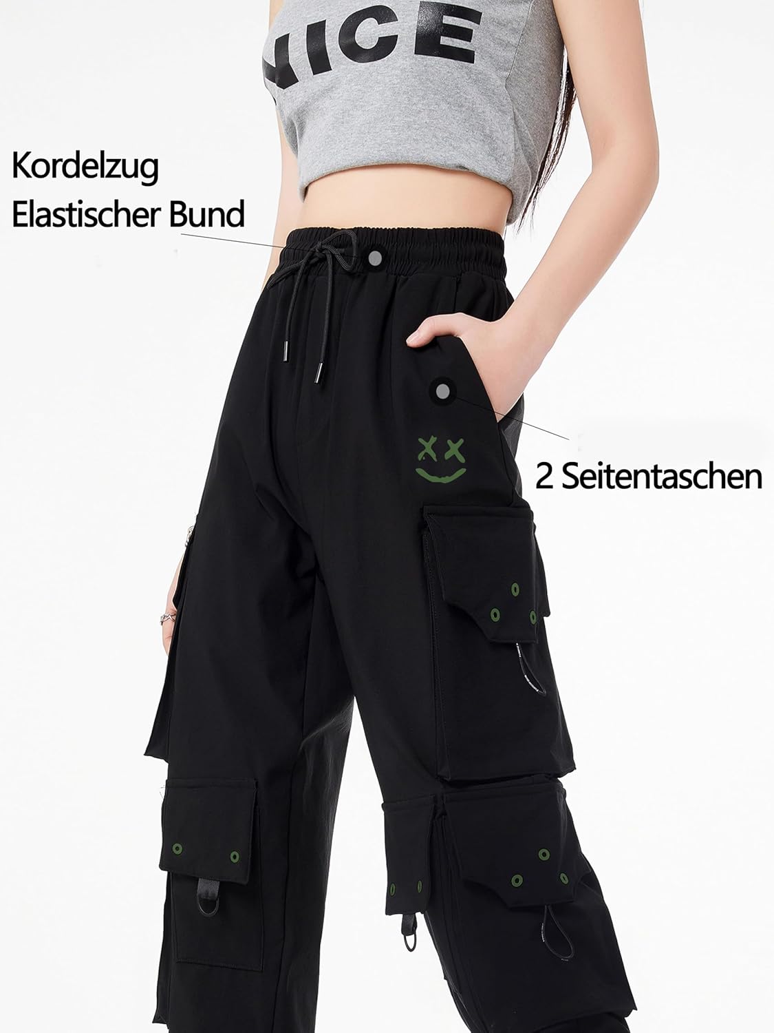 CLOAKA Cargobyxor dambyxor, joggingbyxor, hög midja, Y2k, gotiska, techwear, streetwear, cargobyxor, stretch, bekväma med elastiskt band, lös säckig utomhus, hip hop-tryck