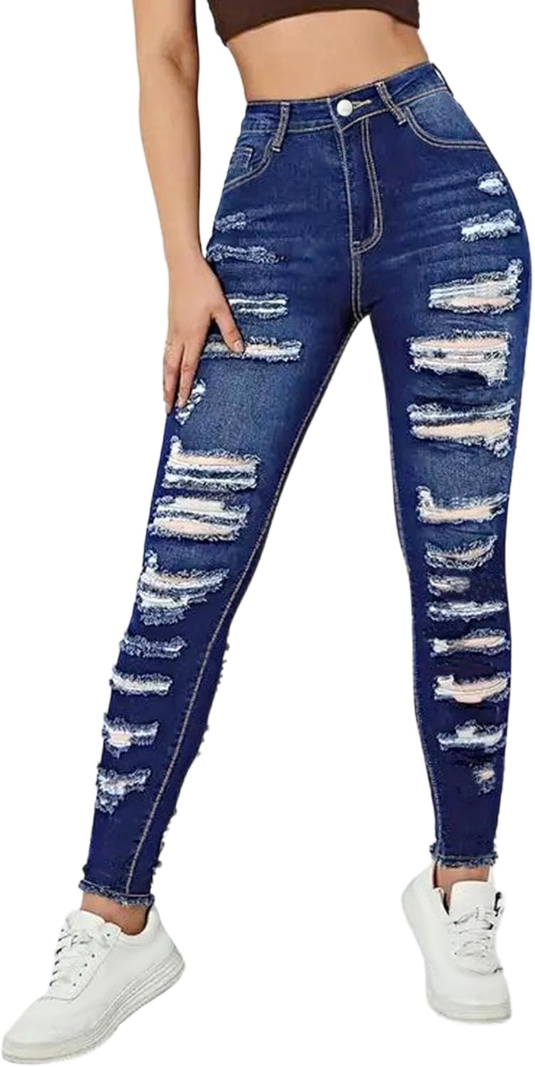 Dam plus size skinny hög midja rippade jeans