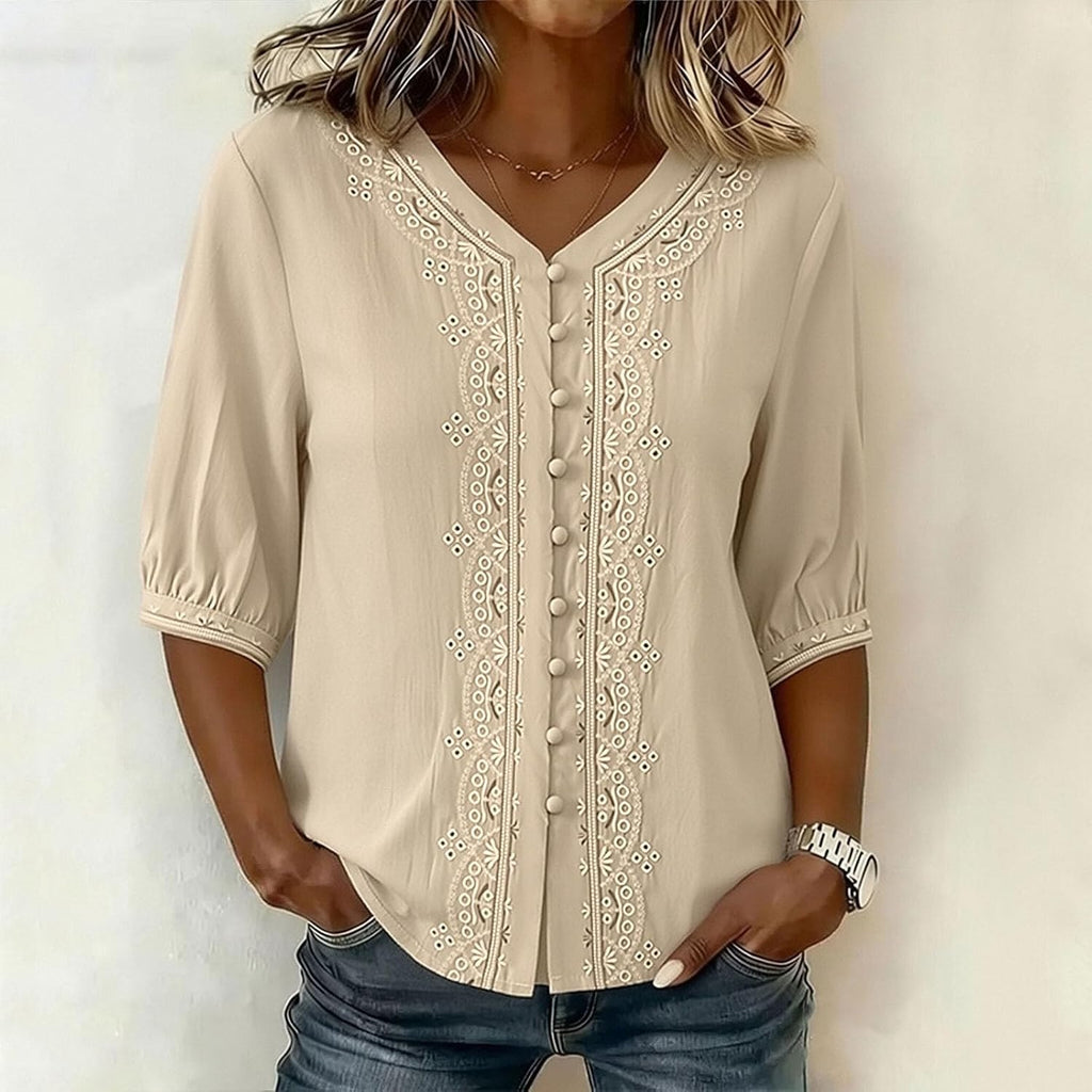 Kvinnors boho toppar bomull linne halvärm v-ringad retro broderade skjortor groda knapp kinesisk stil skjorta damer lös ledig sommar topp