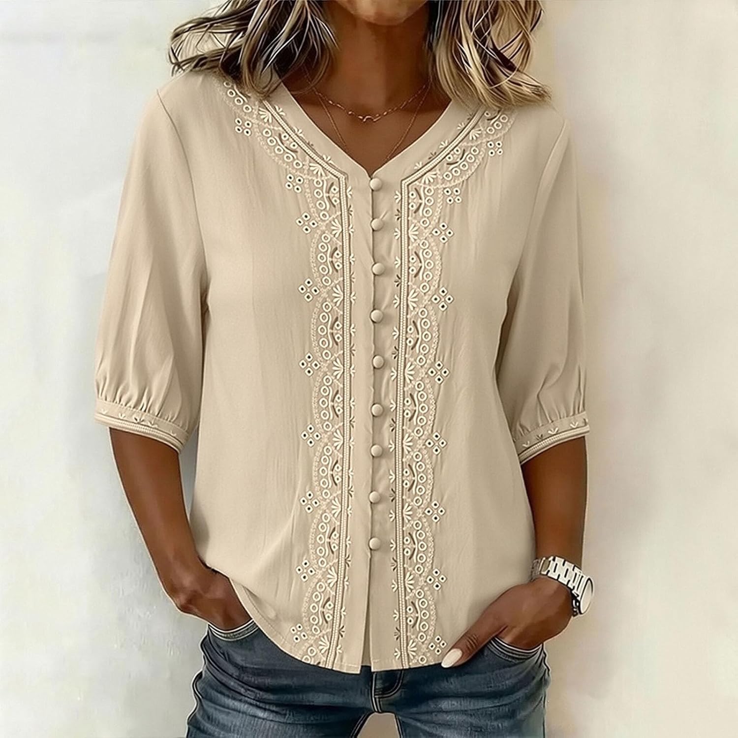 Kvinnors boho toppar bomull linne halvärm v-ringad retro broderade skjortor groda knapp kinesisk stil skjorta damer lös ledig sommar topp