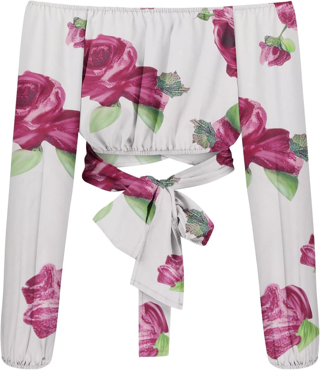 Off Shoulder Dam Crop Top Elegant Lanternärm Långärmad Rynkad Knytskärp Blus Sexy Shirt Semester Party Clubwear
