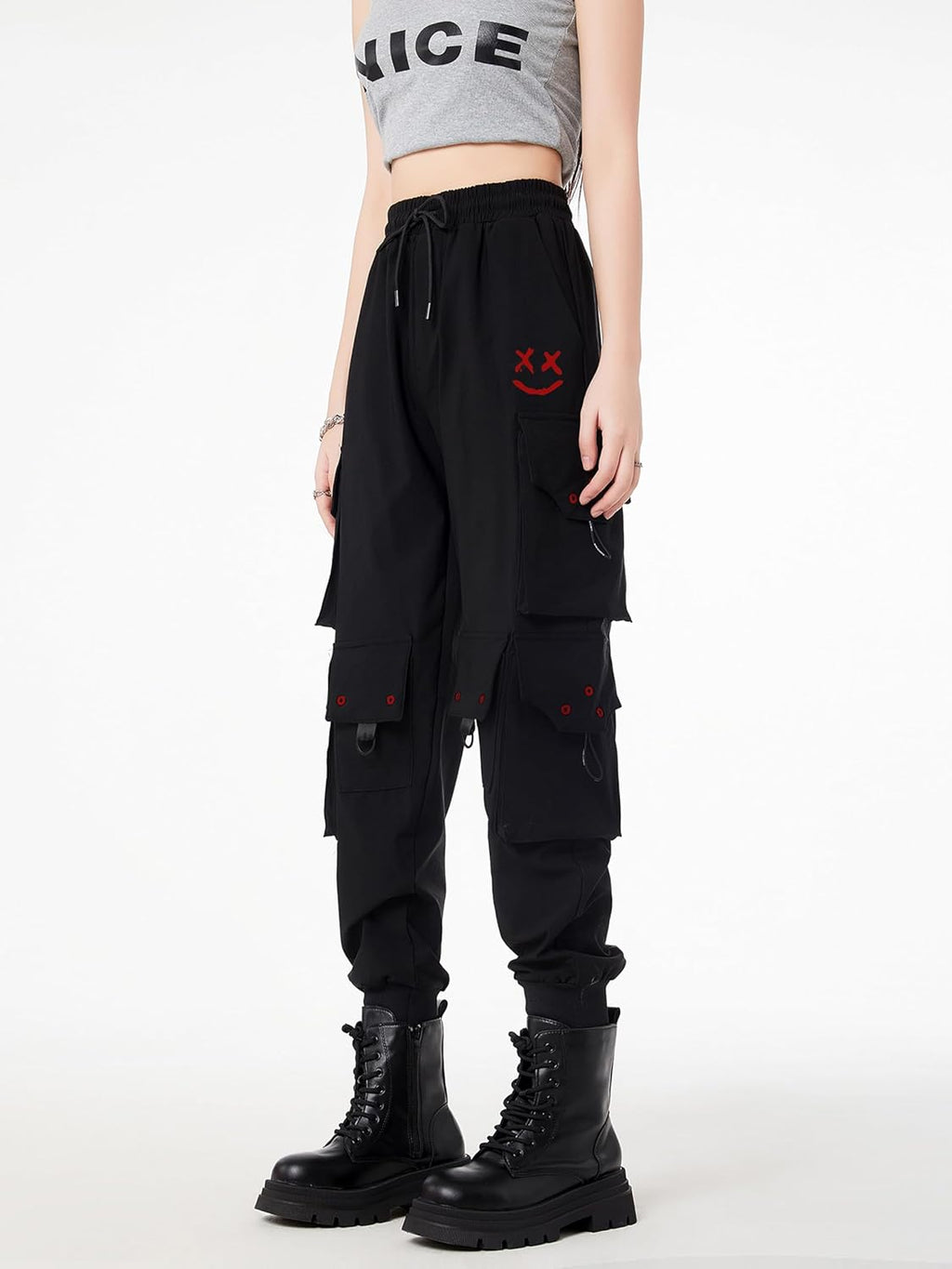 CLOAKA Cargobyxor dambyxor, joggingbyxor, hög midja, Y2k, gotiska, techwear, streetwear, cargobyxor, stretch, bekväma med elastiskt band, lös säckig utomhus, hip hop-tryck