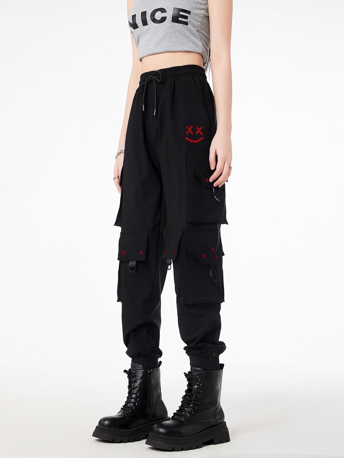 CLOAKA Cargobyxor dambyxor, joggingbyxor, hög midja, Y2k, gotiska, techwear, streetwear, cargobyxor, stretch, bekväma med elastiskt band, lös säckig utomhus, hip hop-tryck