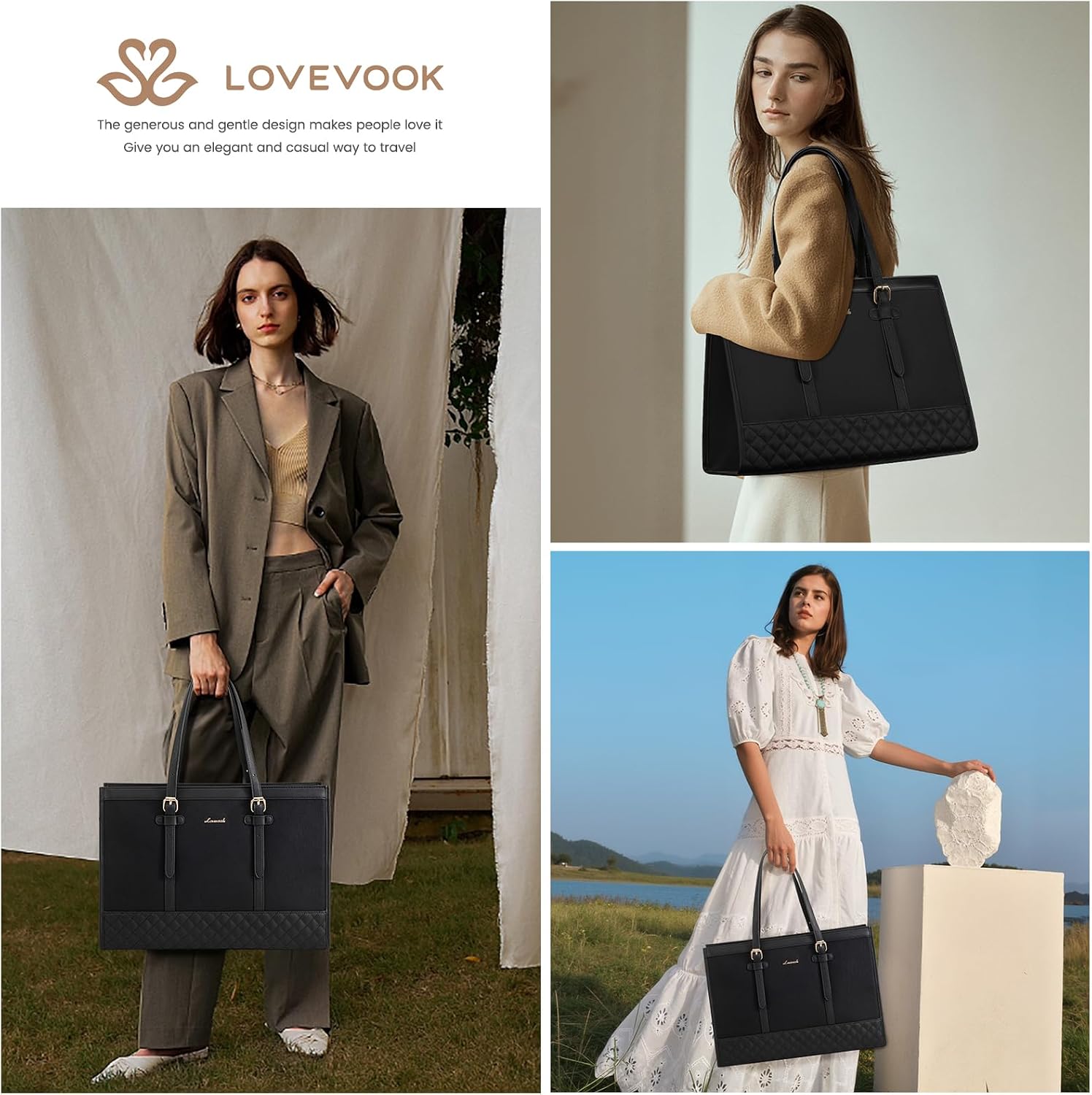 LOVEVOOK Stor damhandväska med laptop- och iPad-skyddsfack, 7 fickor, justerbar axelrem och kuvert, perfekt för arbete och universitet