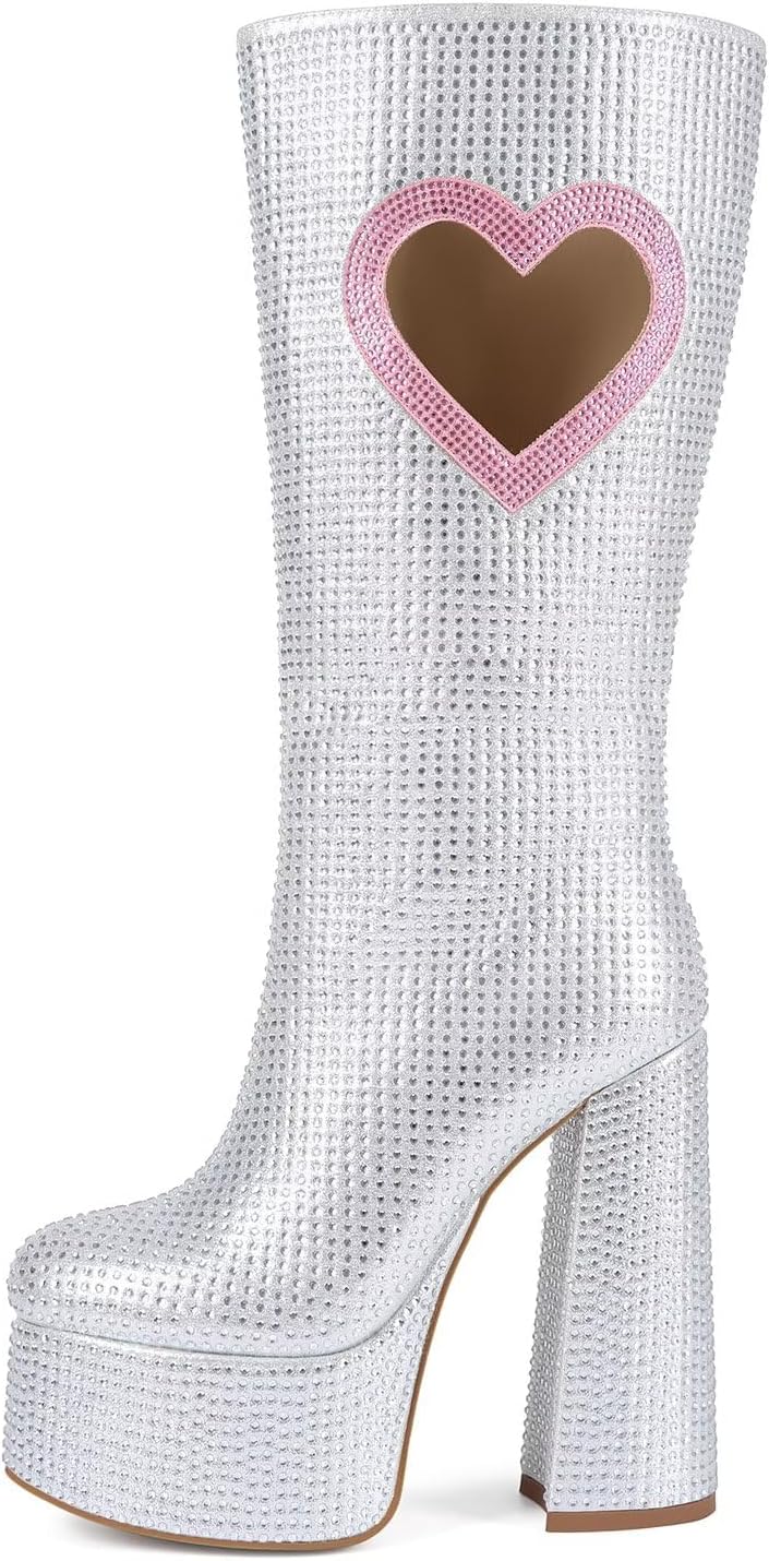 Frankie Hsu söt söt härlig tjock plattform knä högklackad känga, silver rosa hjärta strass ädelsten het flicka stor storlek bred vad långa stövlar för kvinnor män