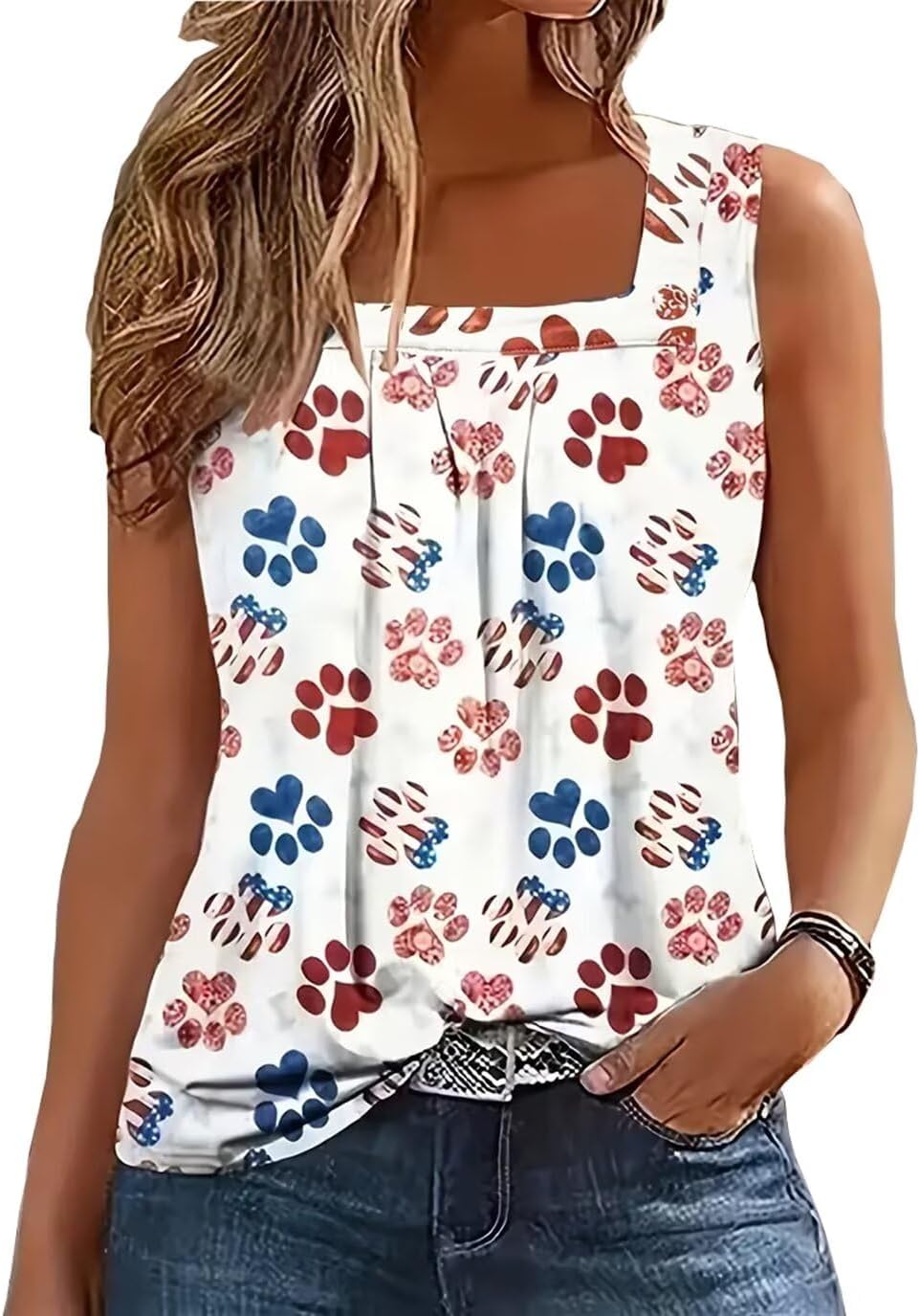 AIMITAG Färgblock veckad fyrkantig krage linne kvinnor randig tank t-shirt sommar ledig lös passform ärmlös skjorta