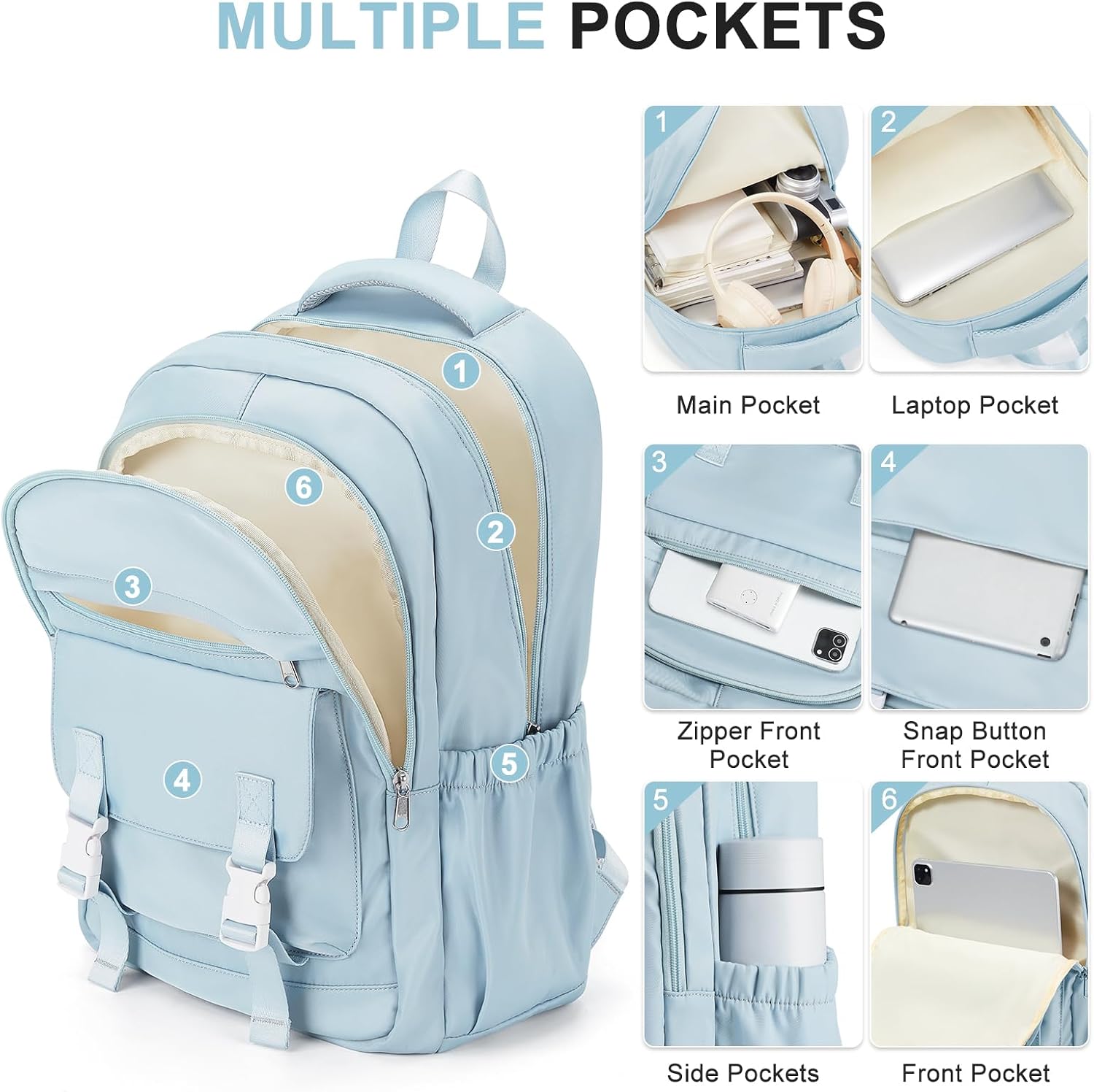 HYC00 Skolryggsäck Flicka Skolväska Lätt Ryggsäck Tjej Tonåring Bokväskor Skola Skolväskor Pojkar Laptop Ryggsäck Dam 14 Tum College Bag Fritidsryggsäck för Kvinnor Casual Dagsryggsäck,Blå