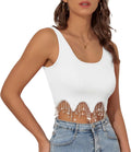 Crop Tops för kvinnor strass frans topp glittrande damlinnen paljett glitter beskuren tank konsert Y2K toppar vit liten (ljusblå, L), Vitt