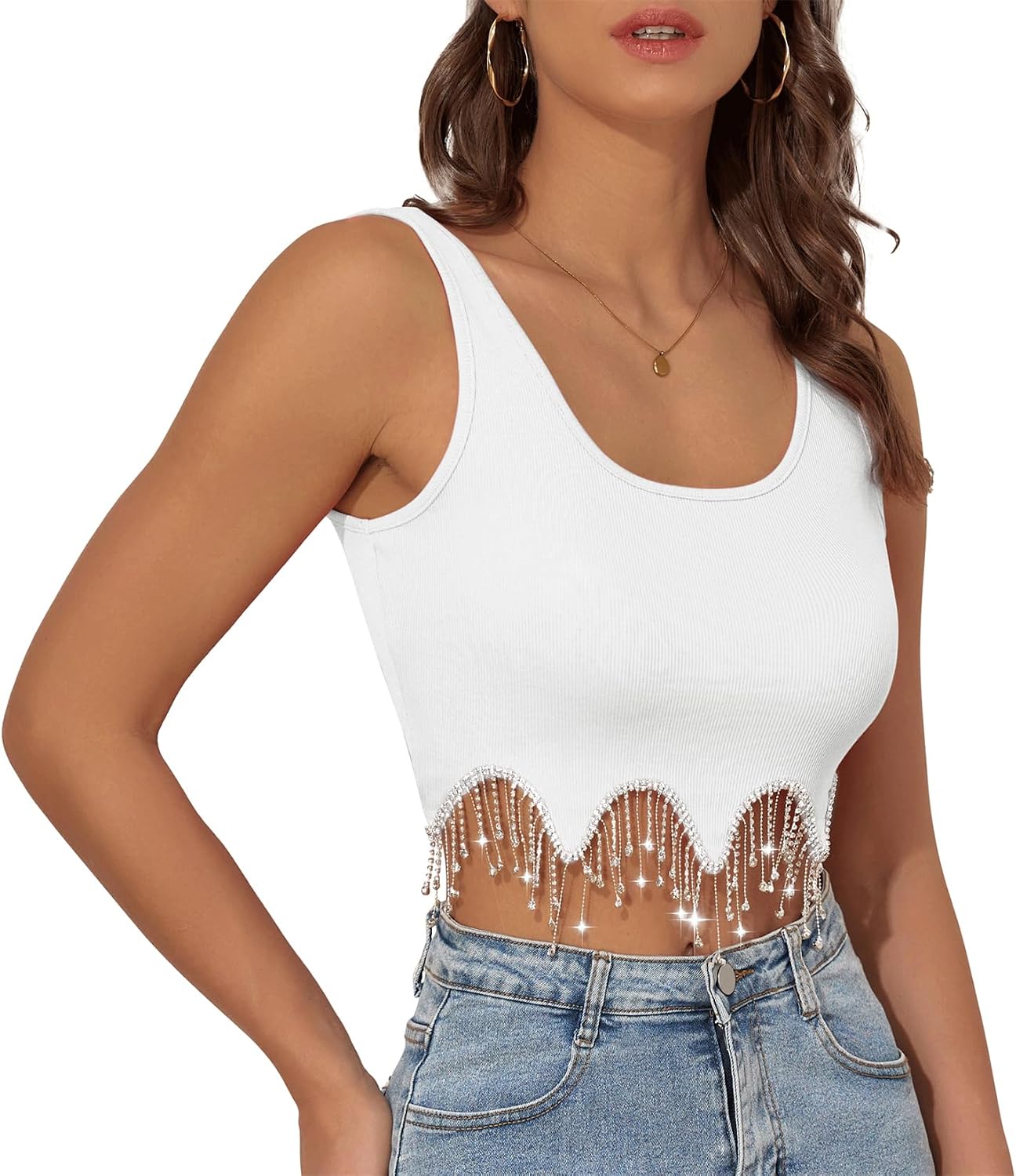 Crop Tops för kvinnor strass frans topp glittrande damlinnen paljett glitter beskuren tank konsert Y2K toppar vit liten (ljusblå, L), Vitt