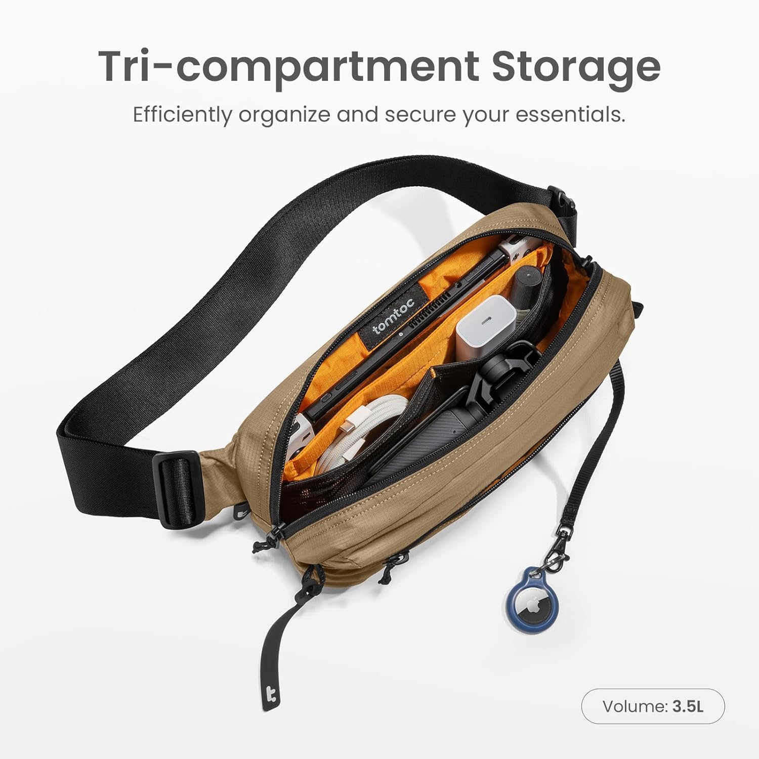 tomtoc 1,5 l crossbody väska med RFID-skydd, liten unisex axelremsväska, sling bag, lätt, vattentät sling bag, för utomhusresor, svart