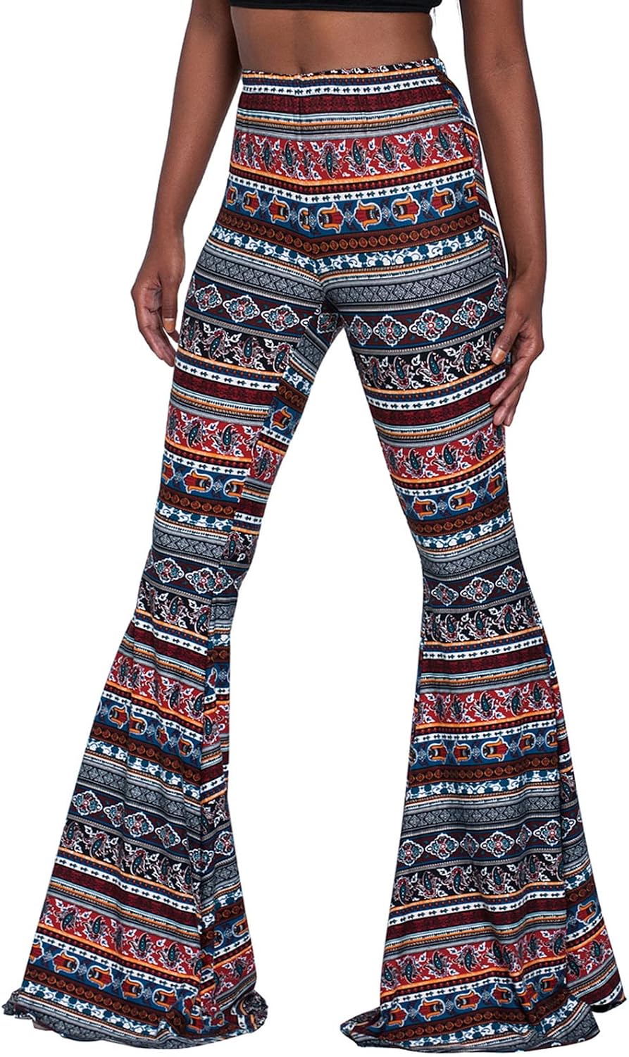 Nuofengkudu Dam vintage tryckta långa utsvängda byxor hög midja stretchiga vida ben yogabyxor