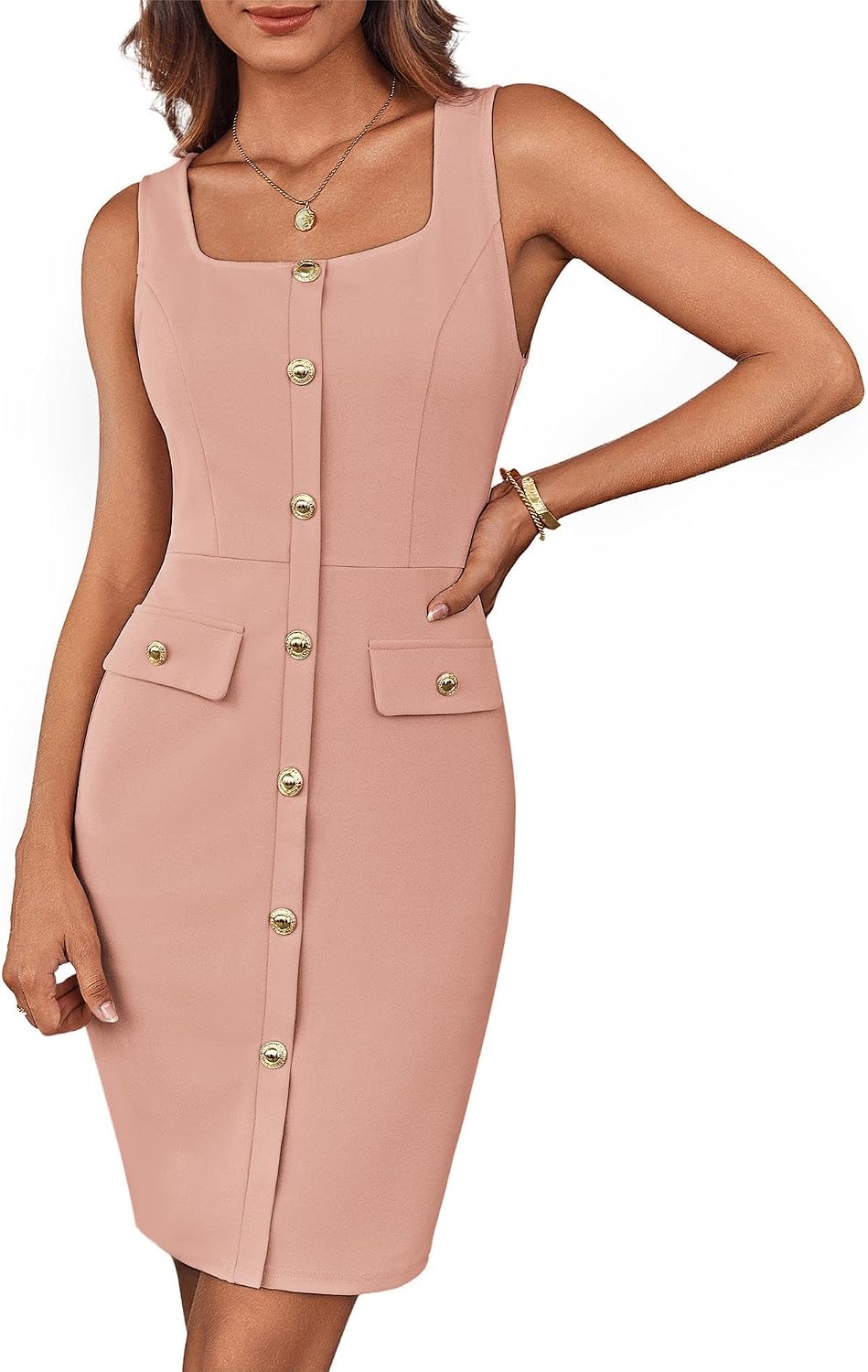 GRACE KARIN cocktailklänning för kvinnor, elegant klänning, ärmlös, fyrkantig hals, knapp, bälte, affär, arbete, kontor, formell klänning, wrap klänning, bodycon miniklänning med bälte