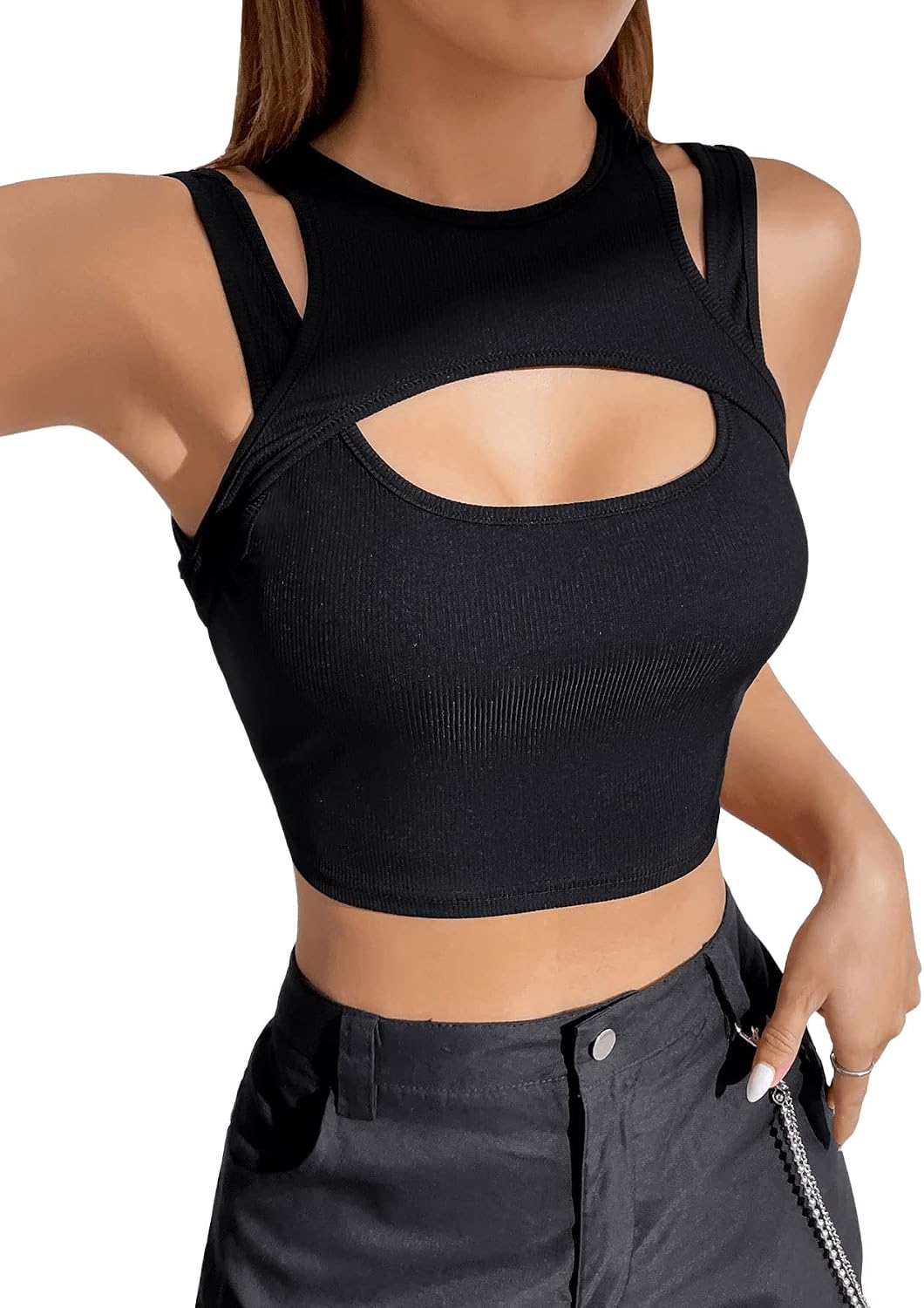 GORGLITTER Crop Tank Top dam Y2k Cut Out Top magfria toppar med utskärning sexig topp ärmlös linne