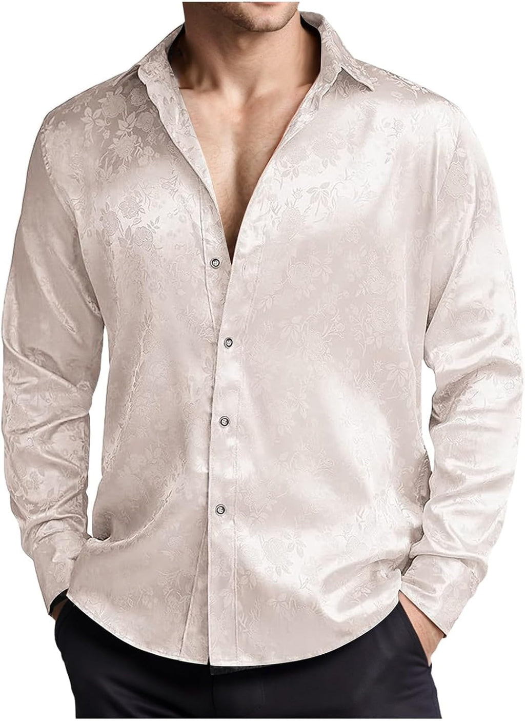 Herr lyx satinklänning skjortor glänsande siden som långärmad button down skjortor casual normal passform bröllop fest avslutningsbal toppar paljetter skjorta män