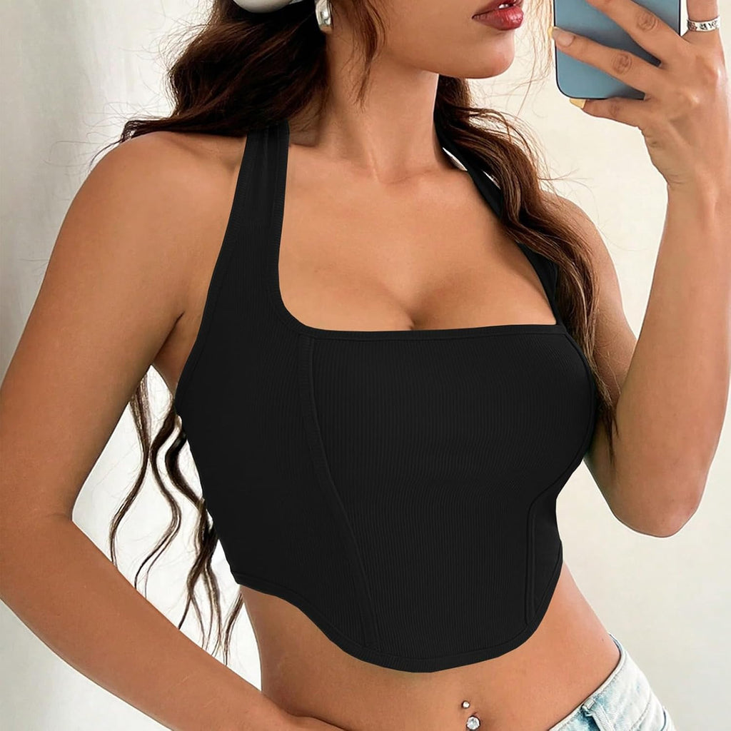 Square Neck Halter Crop Tops for Women, Fashion Hanging Neck Casual Versatile Tank Top