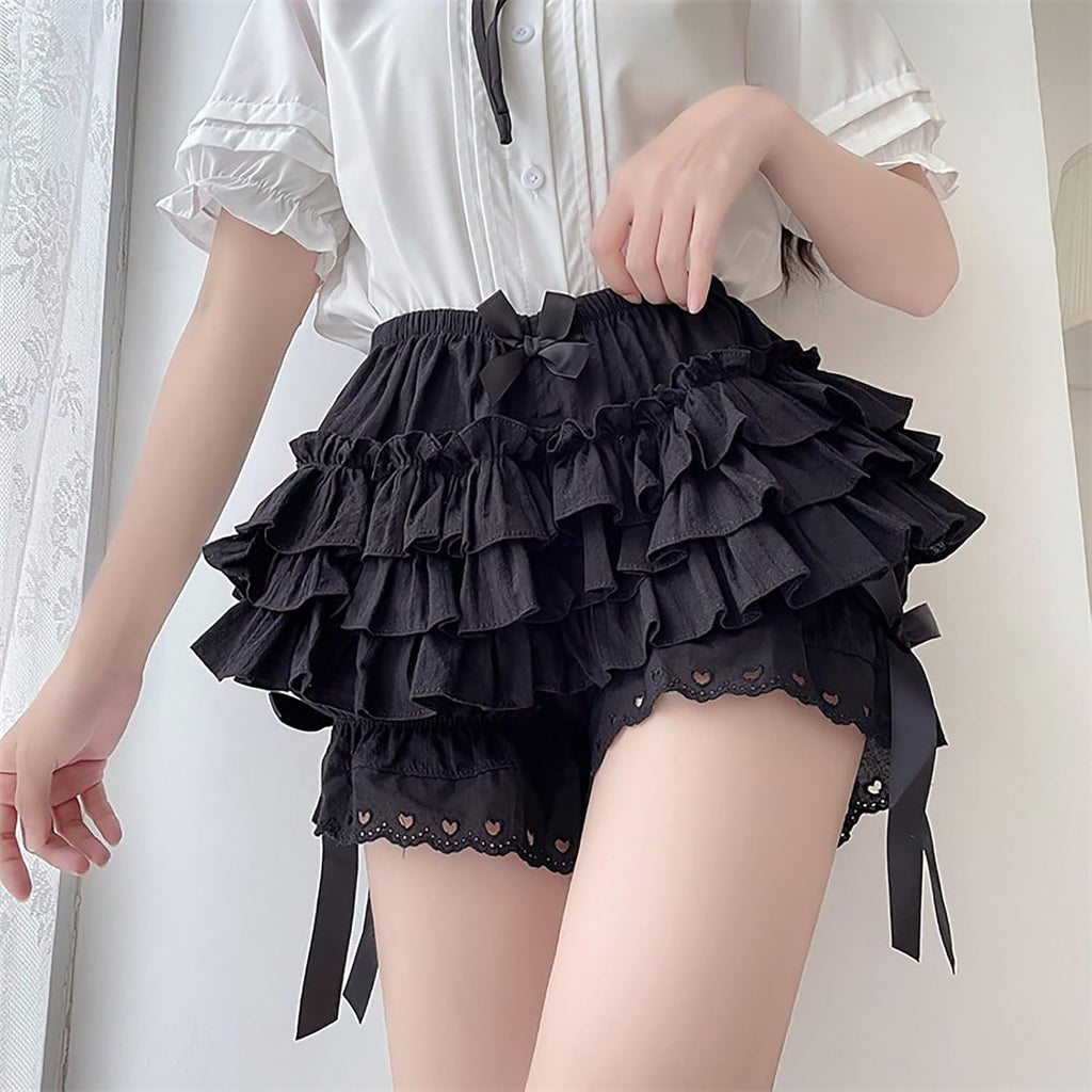 Kvinnor Spets Volanger Shorts Y2K Lolita Bloomers Fairy Lace Trim Volang Layered Trosor Bottom Shorts Med Hög Midja