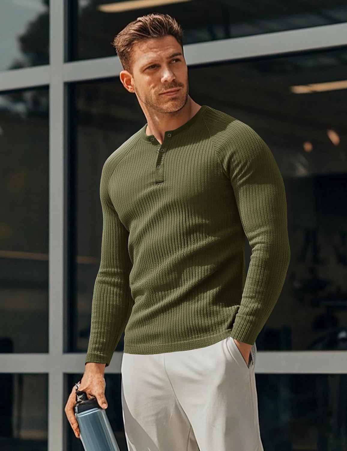 Muscle CMdr mäns ribbad Henley-skjorta kortärmad smal passform muskelskjorta anpassad bomull vardaglig långärmad