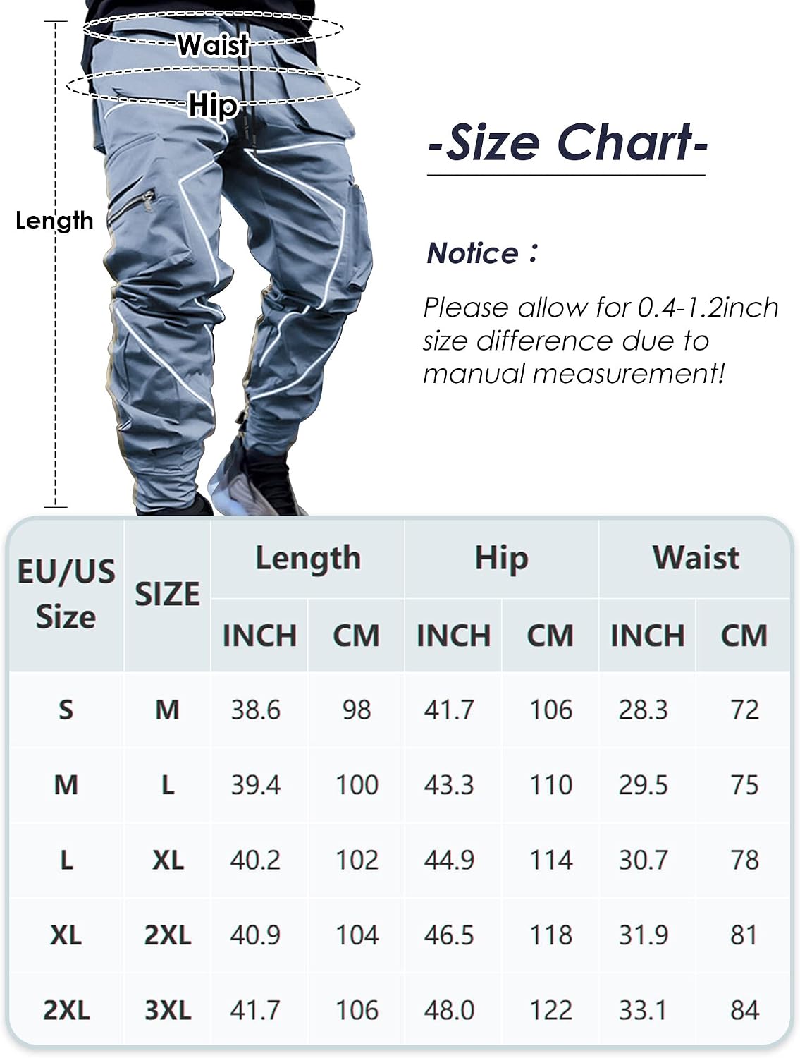AIEOE Cargobyxor, herr, hip hop, techwear, cargobyxor med reflekterande ränder, streetwear, punkbyxor, joggingbyxor, joggingbyxor med fickor, elastisk linning