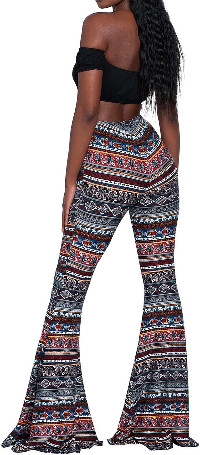 Nuofengkudu Dam vintage tryckta långa utsvängda byxor hög midja stretchiga vida ben yogabyxor