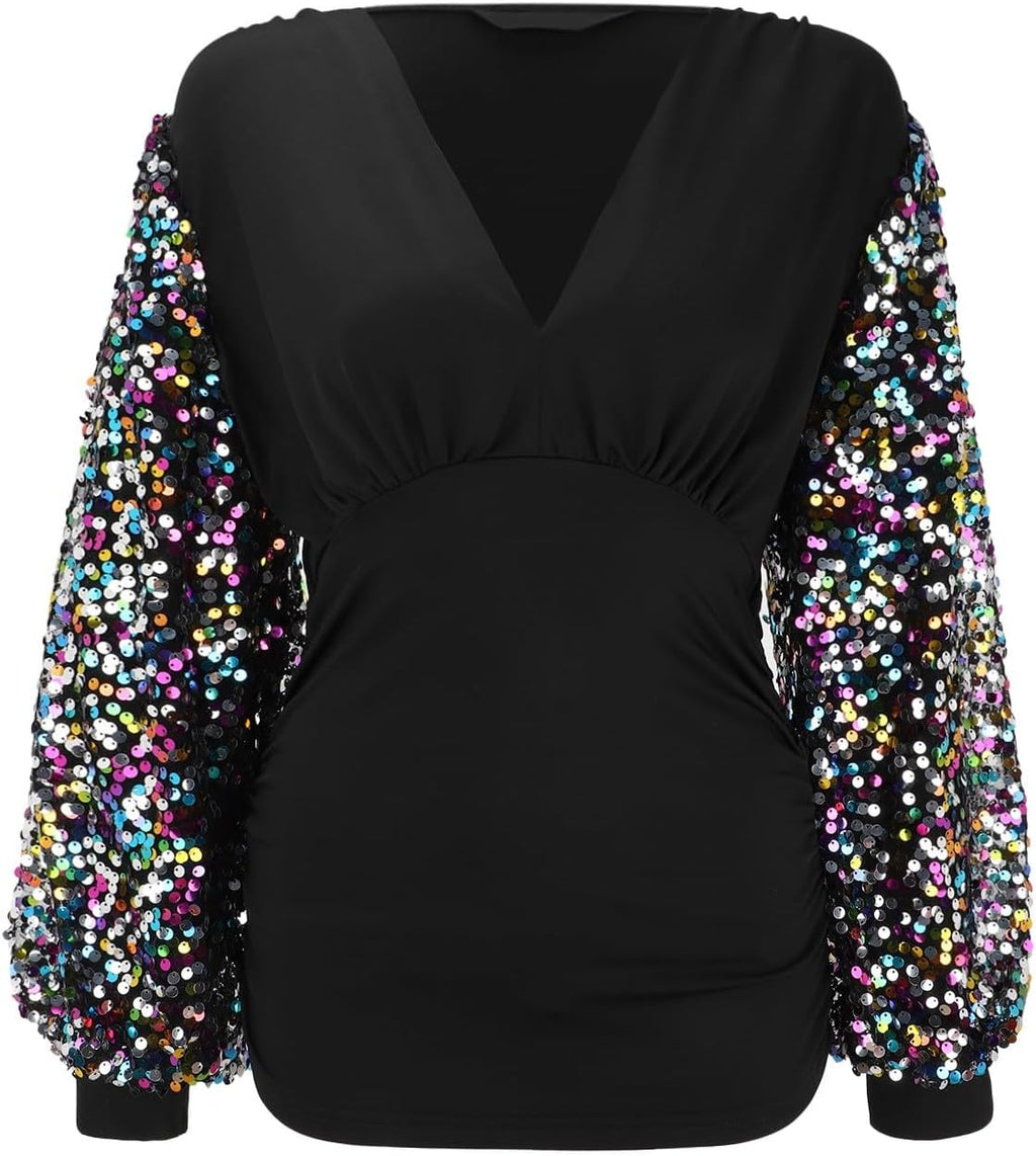 Glittertoppar damer festival blus glitter skjorta smal passform klubbkläder sexig långärmad rave party damtröja trendig nyårsafton outfit glamour skjortblus paljetter topp damer v-ringad