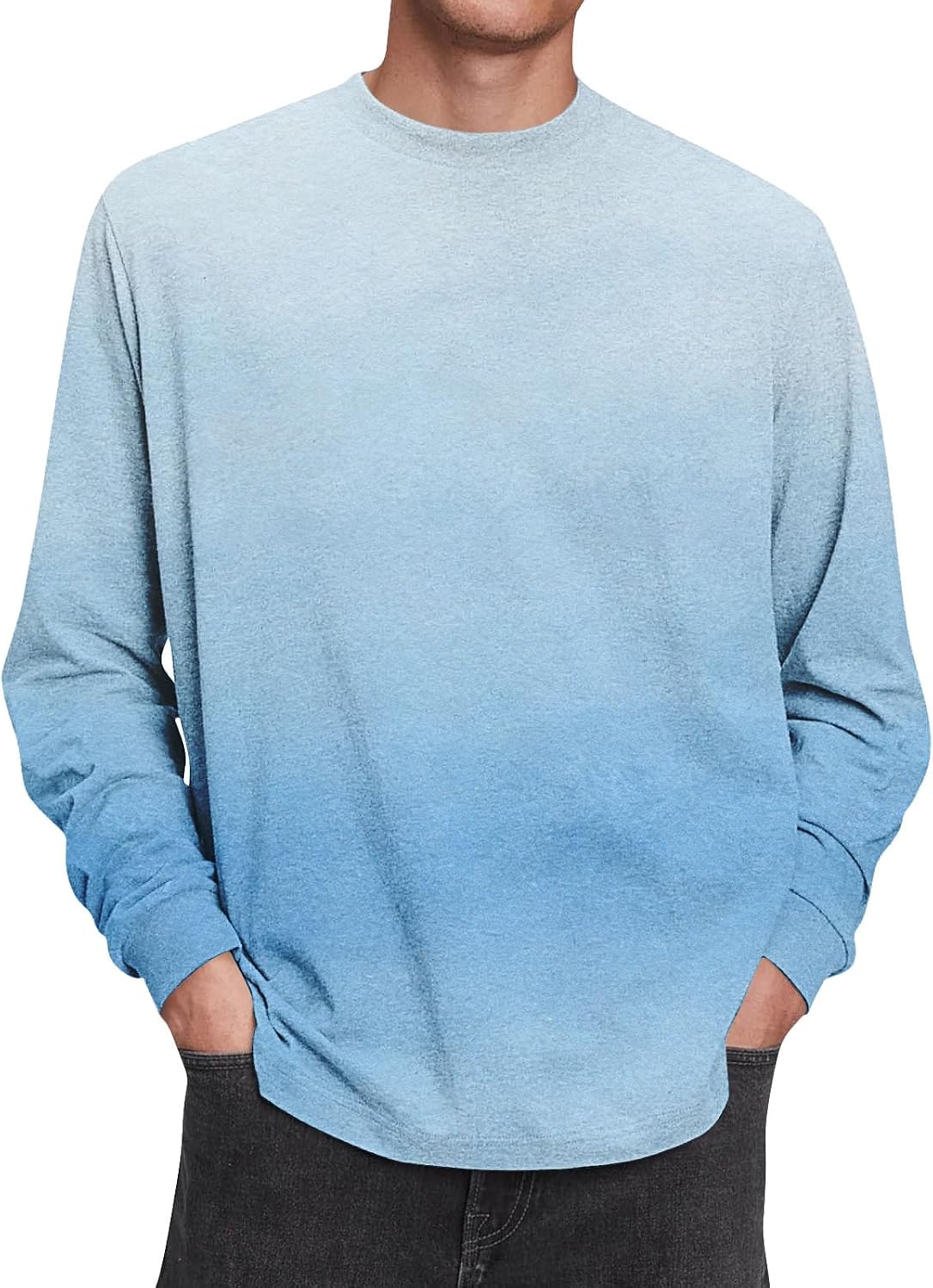 Herr långärmad t-shirt tonad färg rund hals lätt vardaglig pullover topp
