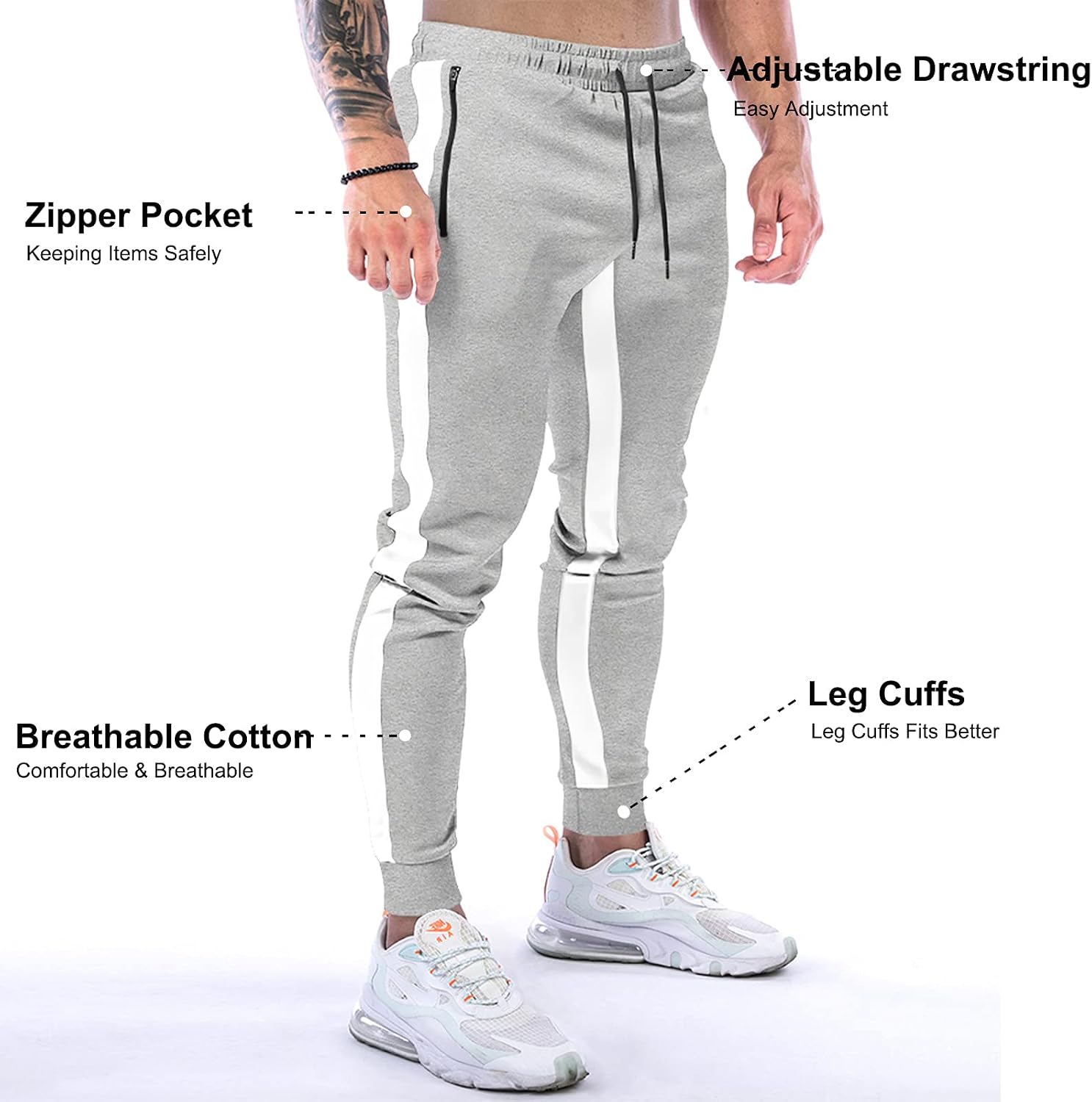 Suwangi Joggingbyxor för män, sportbyxor, byxor, randig design med dragkedjefickor