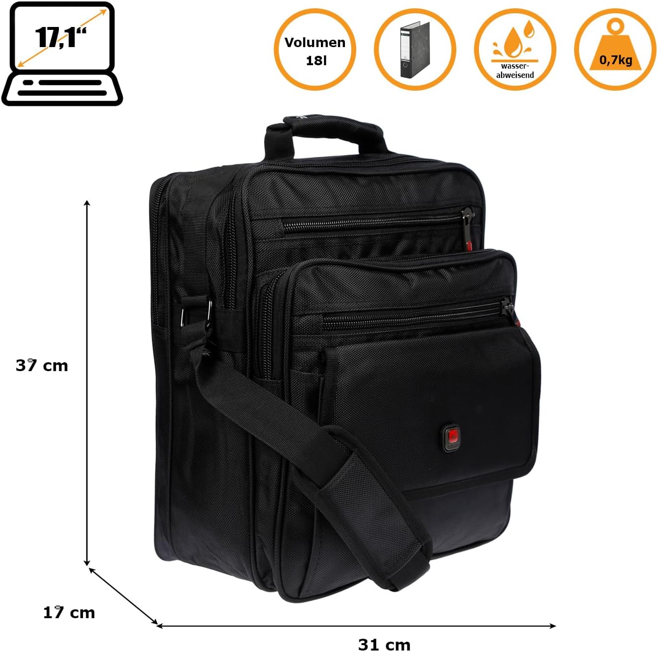 Christian Wippermann XXL axelväska flygvärdinneväska herrar väska Messenger arbetsväska laptopväska, svart, 31 x 37 x 17 cm