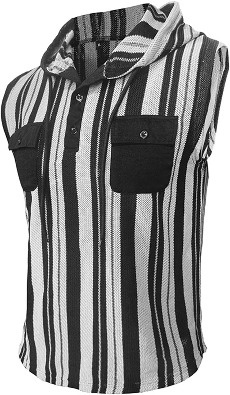 Ärmlösa västar med huva för män sommar vardaglig tank top lätt pullover väst med bröstficka och knappdetaljer urholkade randiga designvästar smal passform mode gym linne för fritid