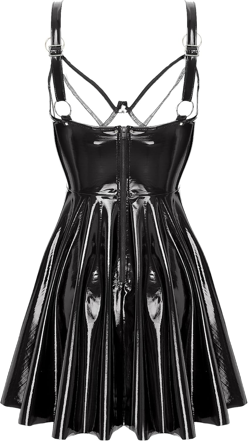 Kaerm Dam wetlook miniklänning lack latex festklänning ärmlös veckad klänning A linjer v-ringad sommarklänning med utsvängd veckad kjol klubbkläder