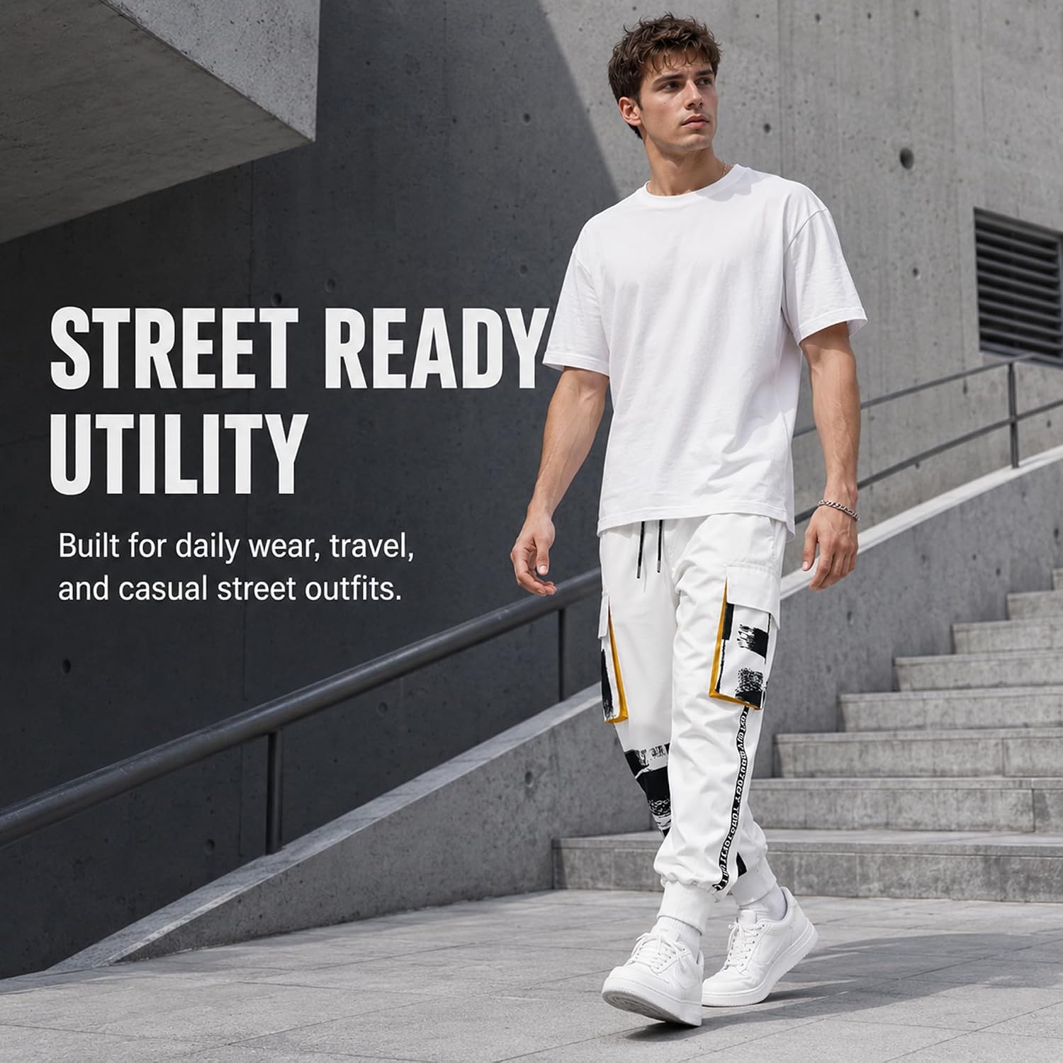 XYXIONGMAO Män vit taktiska haremsbyxor med fickor techwear streetwear hip hop joggare sweatpants cargobyxor för män