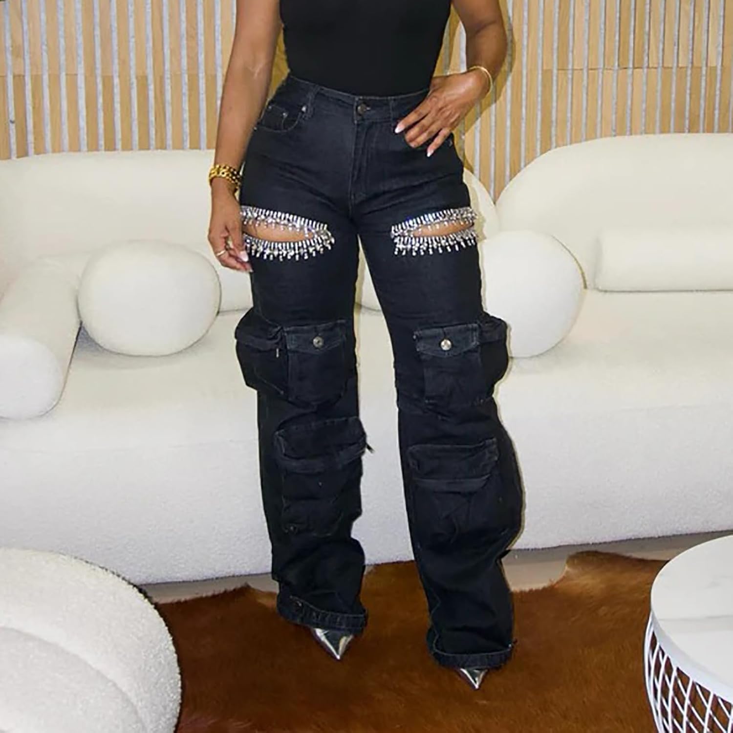 Kvinnor Baggy Ripped Jeans Strass High Waisted Cargo Jeans med Lockfickor Y2k Byxor med Vida Ben Streetwear Ripped Raka Jeans Sexiga Trendiga Jeans