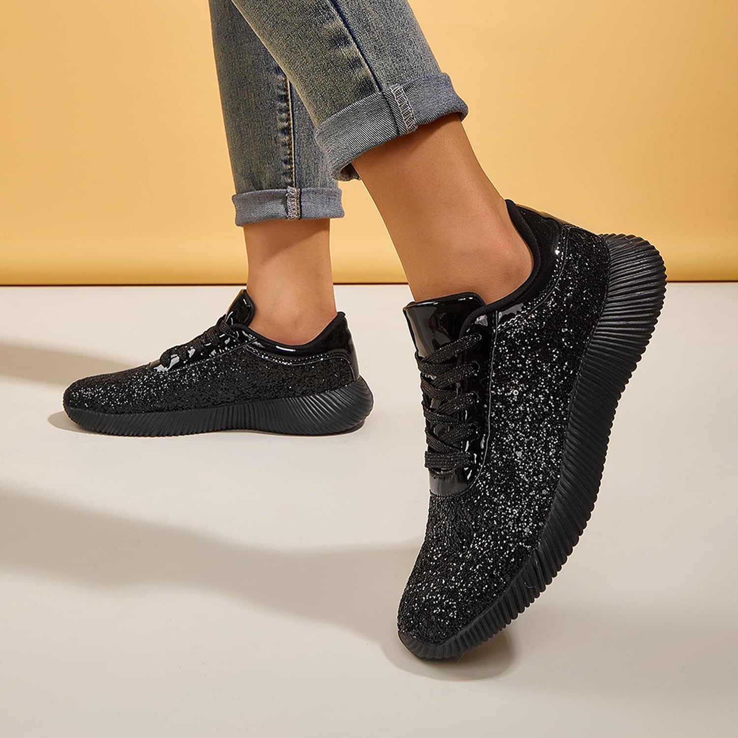 LUCKY STEP Briljanta sneakers för kvinnor med strass och metallpaljetter, lätta tennisskor