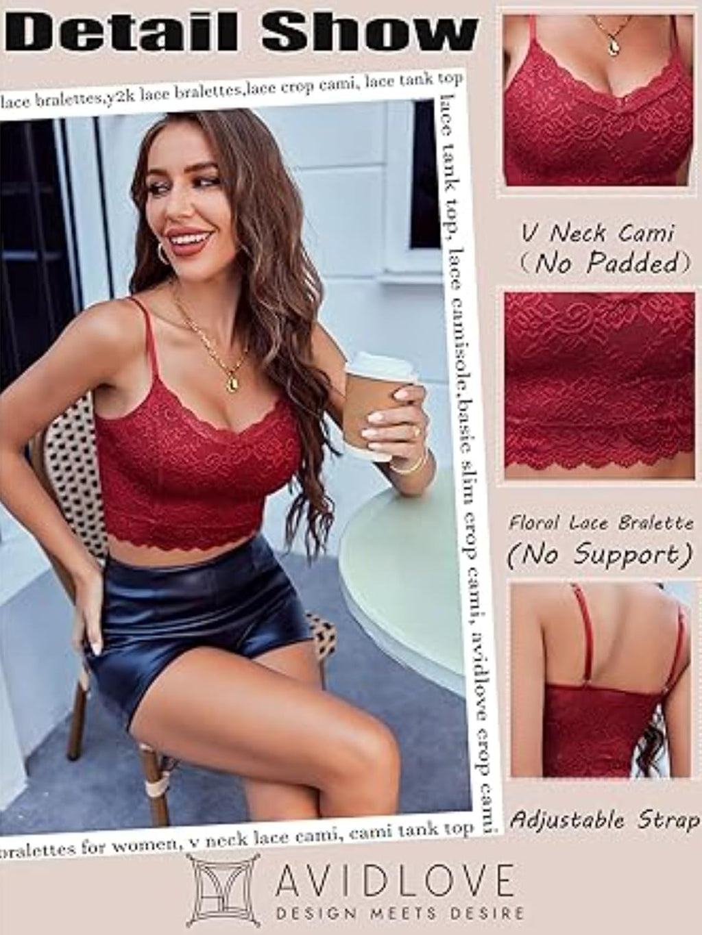 Avidlove dam spets bustier topp sexig bralette undertröja basic spagettiremmar camisole V-ringad rygg urtagning design tank toppar crop