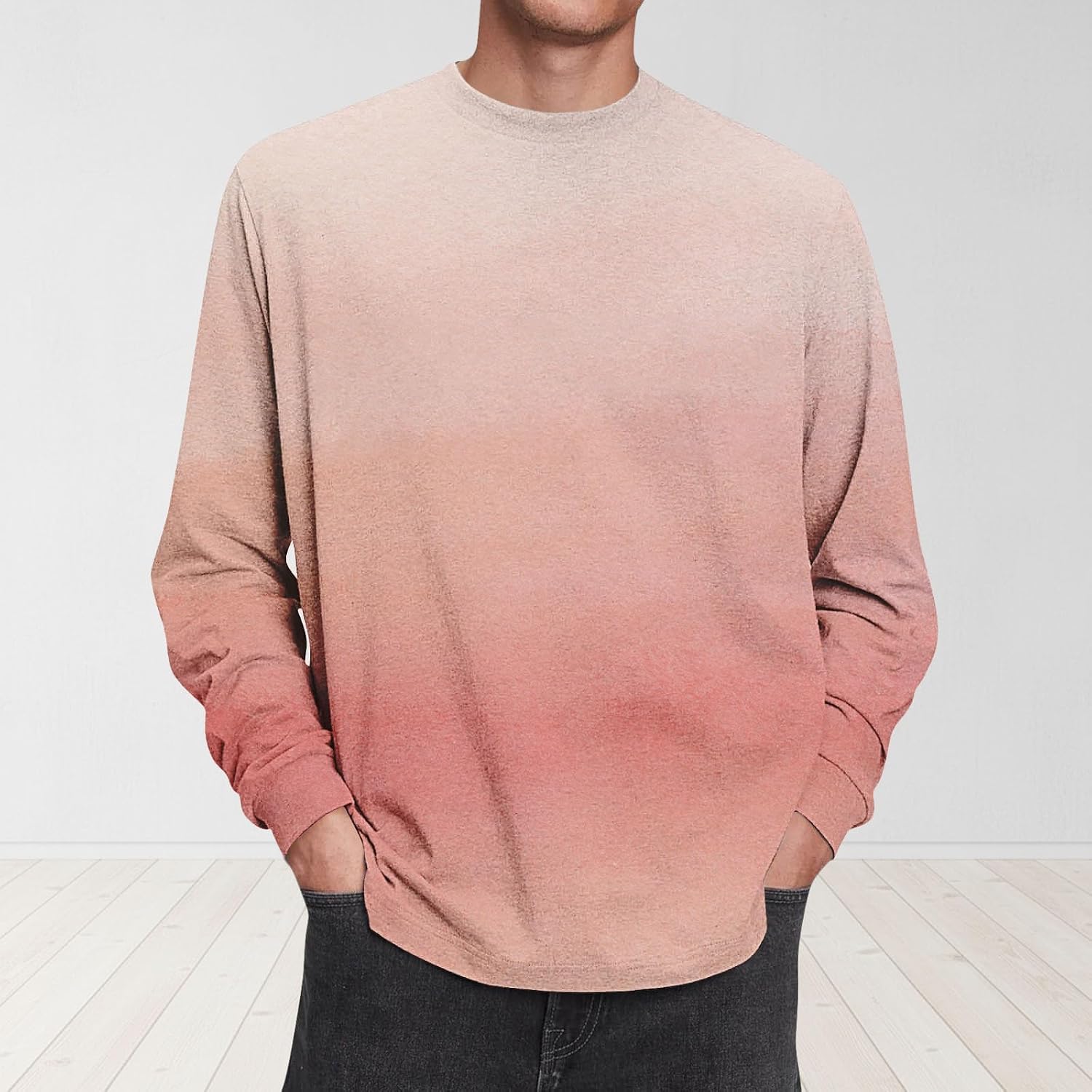 Herr långärmad t-shirt tonad färg rund hals lätt vardaglig pullover topp