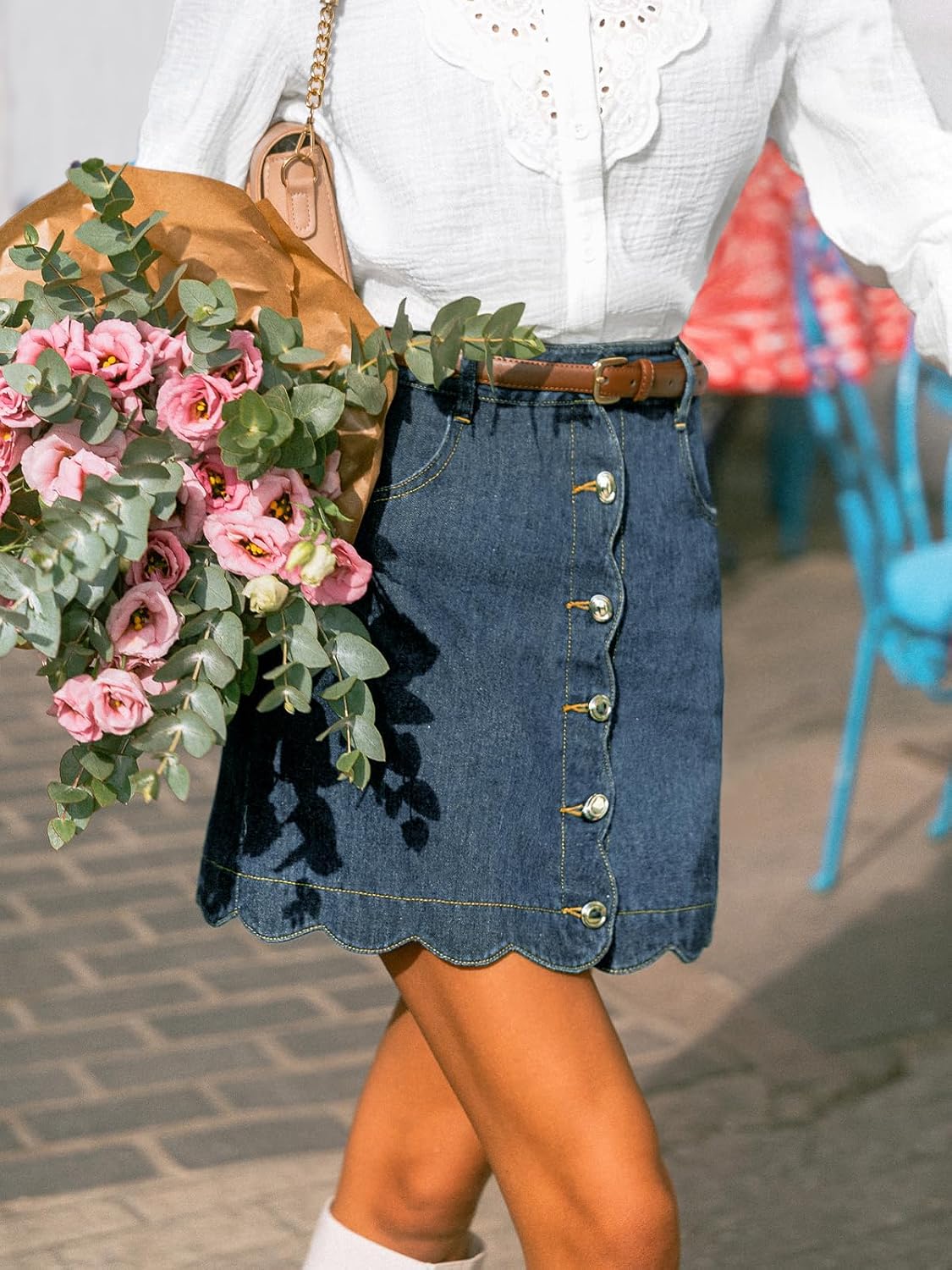 CUPSHE kvinnor denim kjol vardaglig hög midja A-linje skulpterad fåll mini jeanskjol med fickor