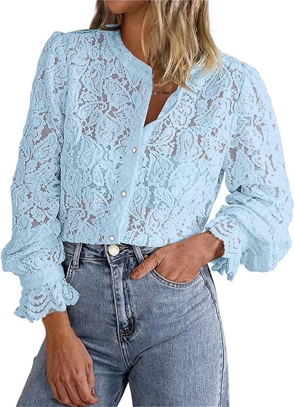 Festliga blusar damer elegant med spets: spets topp damer röd – spetsblus vintage v-ringad blusar tunika lös långärmad skjorta enfärgad spets toppar blus skjorta damblusar