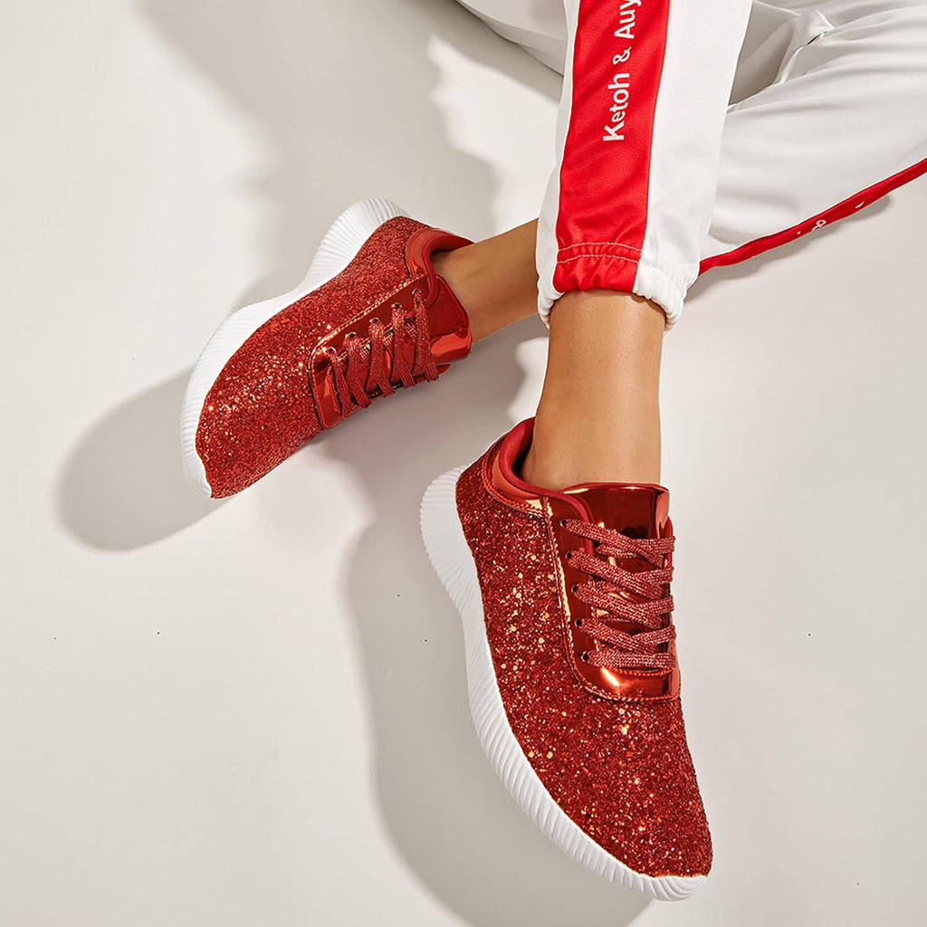 LUCKY STEP Briljanta sneakers för kvinnor med strass och metallpaljetter, lätta tennisskor