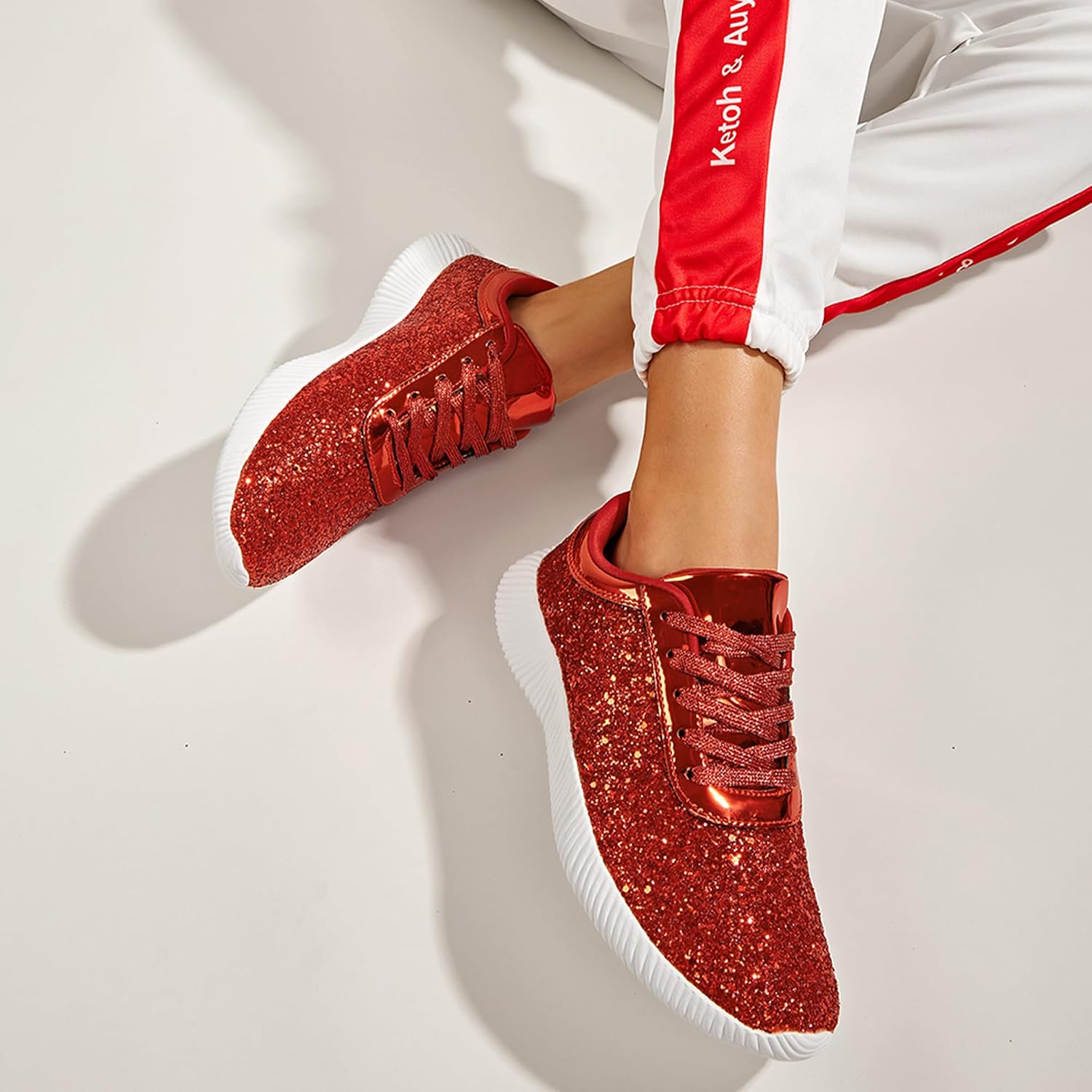 LUCKY STEP Briljanta sneakers för kvinnor med strass och metallpaljetter, lätta tennisskor