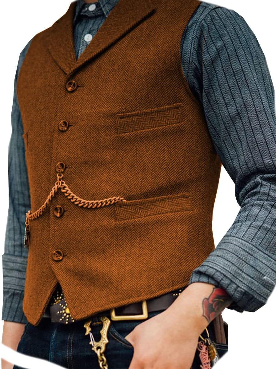 Ceehuteey Herr kostymväst i tweed med retro v-hals i ull och fiskbensmönster för bal