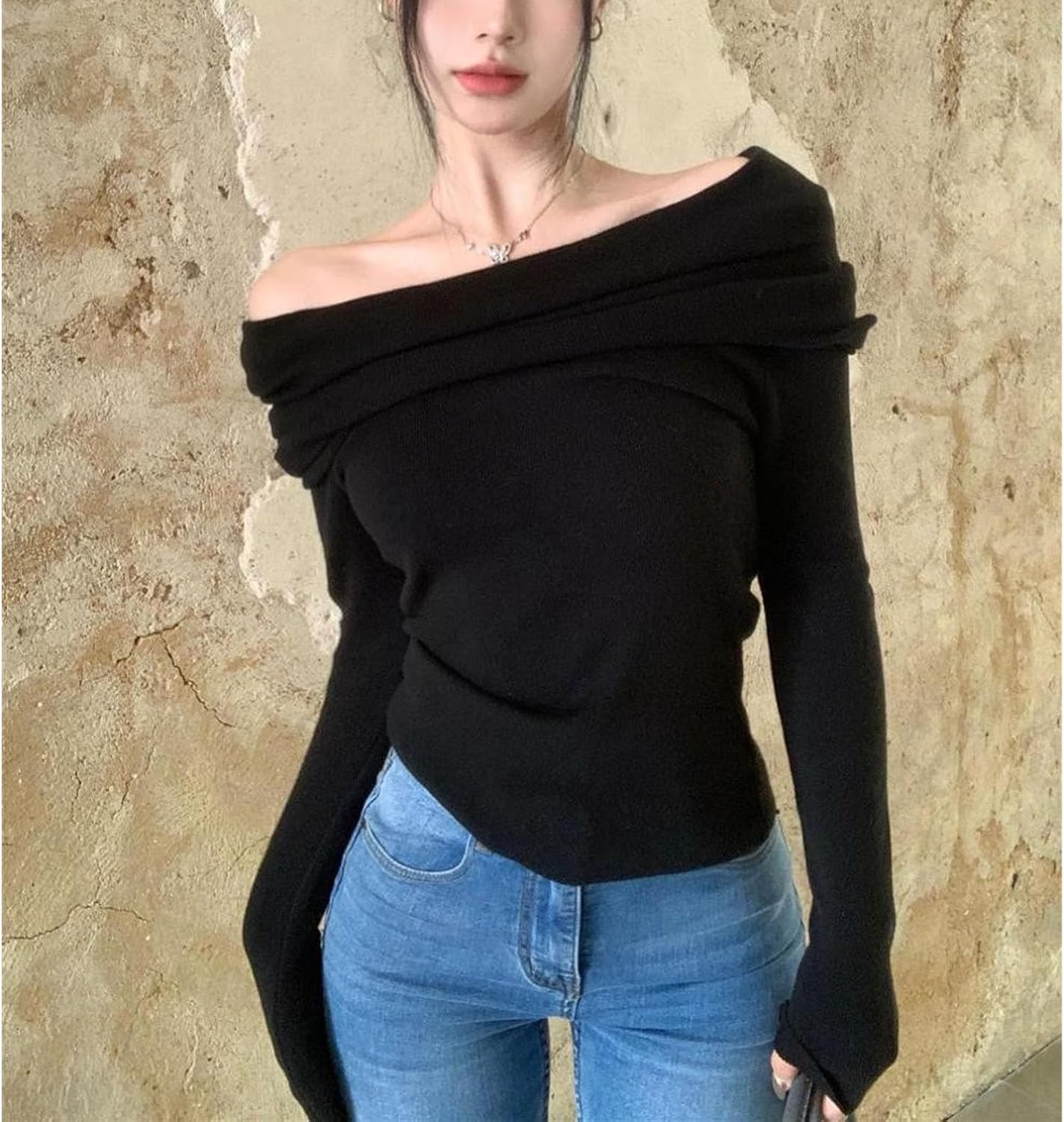 Off Shoulder-tröjor For Kvinnor Långärmade One Shoulder-skjortor Casual Dressy Blusar Sexig Slim Fit Club Shirt Crop Tops