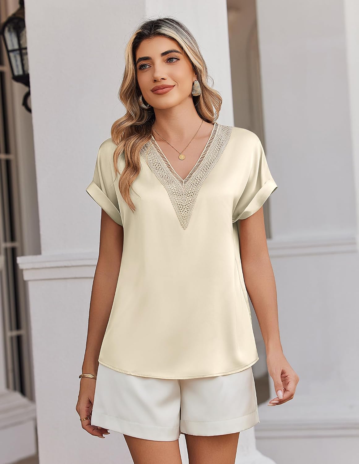 Zeagoo Dam-t-shirt, satinblus, spets, v-ringad, skjorta, eleganta blusar, kortärmad tunika, topp, lediga toppar, sommar, lösa toppar