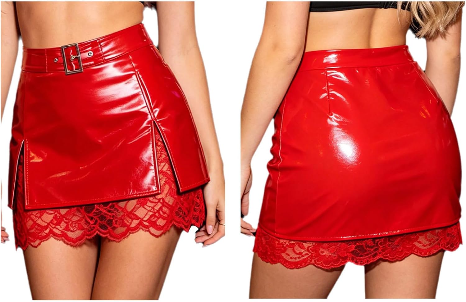 Hansber Dam Skrygga Metallisk Zip Up Split Skirt Bodycon Teddy Vinyl Stretch Miniskirt Pvc Våt Utseende Leather Clubkläder